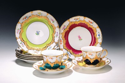 Image 5 coffee place settings, Meissen, B-shape, 20th century, in five colors, green, yellow, ...