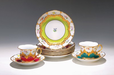 Image 6 coffee place settings, Meissen, B-shape, 20th century, in five colors, green, yellow, ...