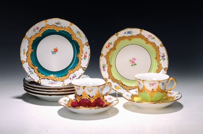 Image 5 coffee place settings, Meissen, B-shape, 20th century, in five colors, green, yellow, ...