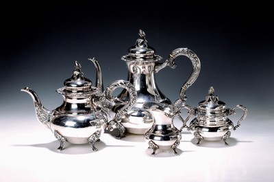 Image 26786949 - Silver coffee and tea set, German, 925 silver,coffee pot, teapot, sugar bowl and milk jug, rocaille decoration, standing on four feet, approx. 2070 g