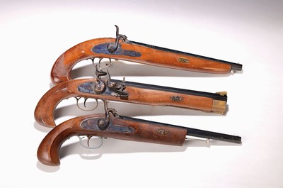 Image three muzzle-loading pistols after ancient model, Spain 1970s, one Flintlock pistol ...