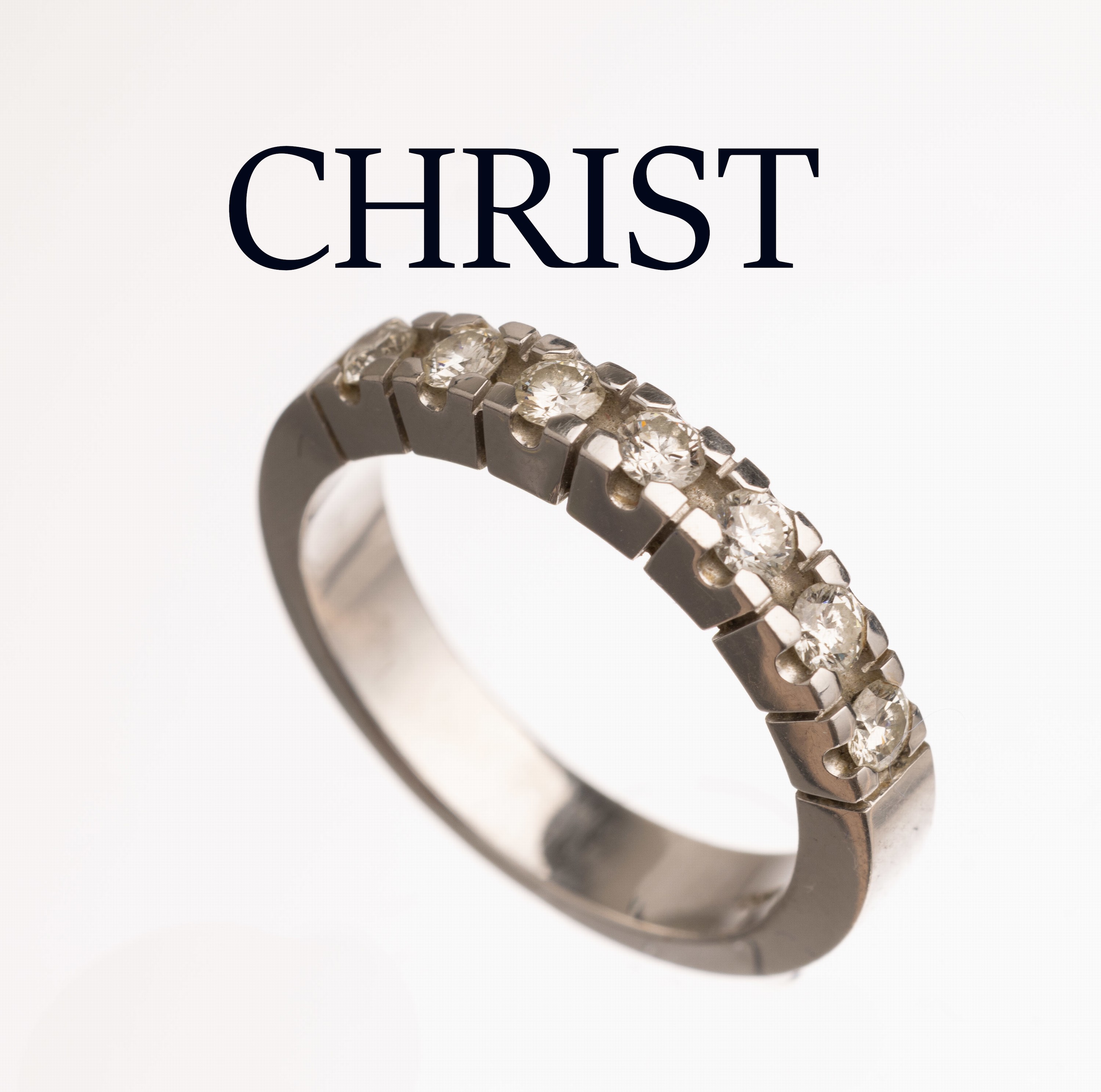 14 kt Gold CHRIST Brillant-Ring, WG 585/000, 7 Brillanten zus. ca. 0.48 ct Weiß/vs-si, total ca. 6.1 g, RW 56