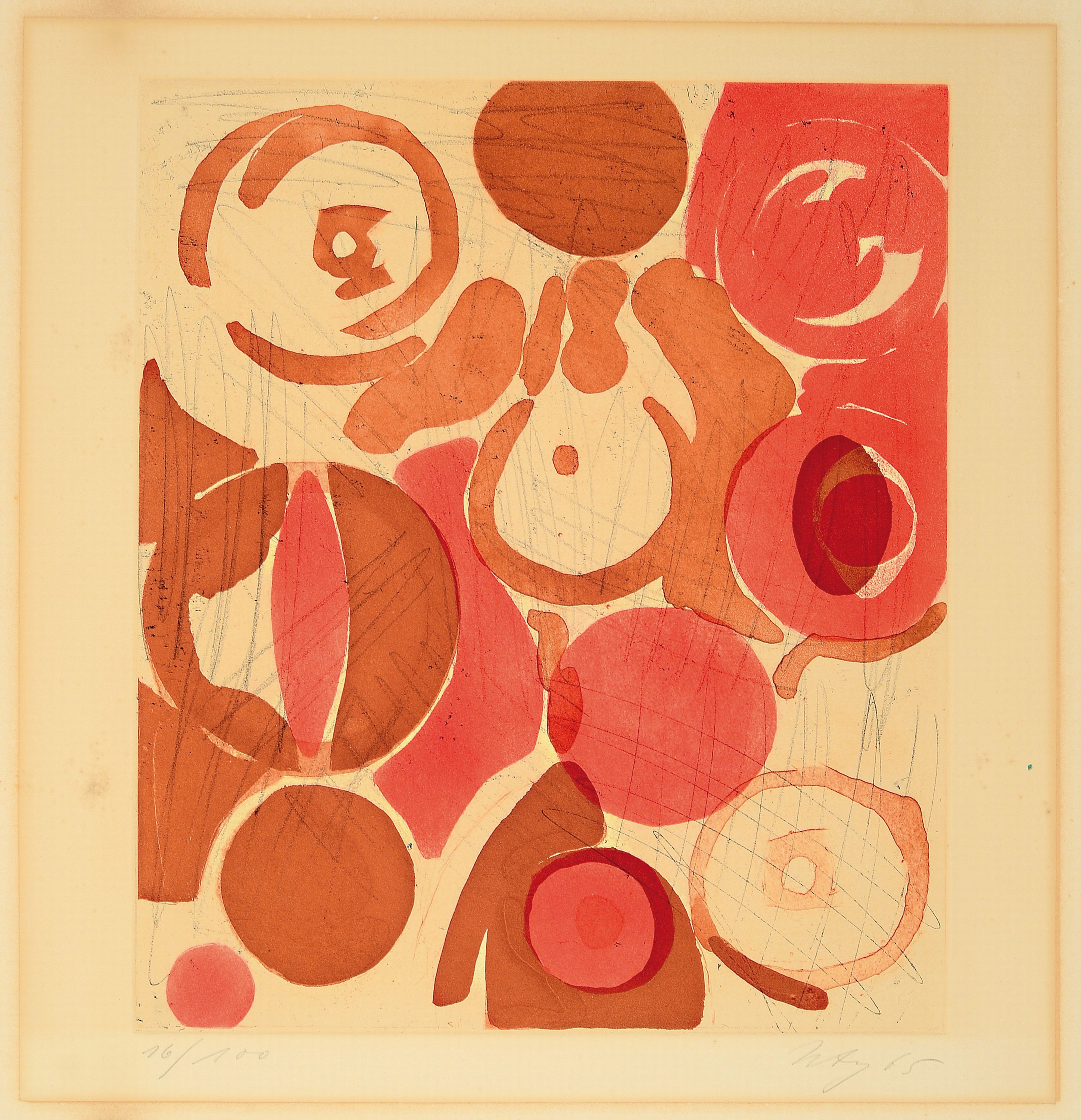 Ernst Wilhelm Nay, 1902-1968, Die Wüste, Lithographie von 1965, handsign. und num. 16/100, Lichtrand, gebräunt, fleckig,ca. 40x34cm