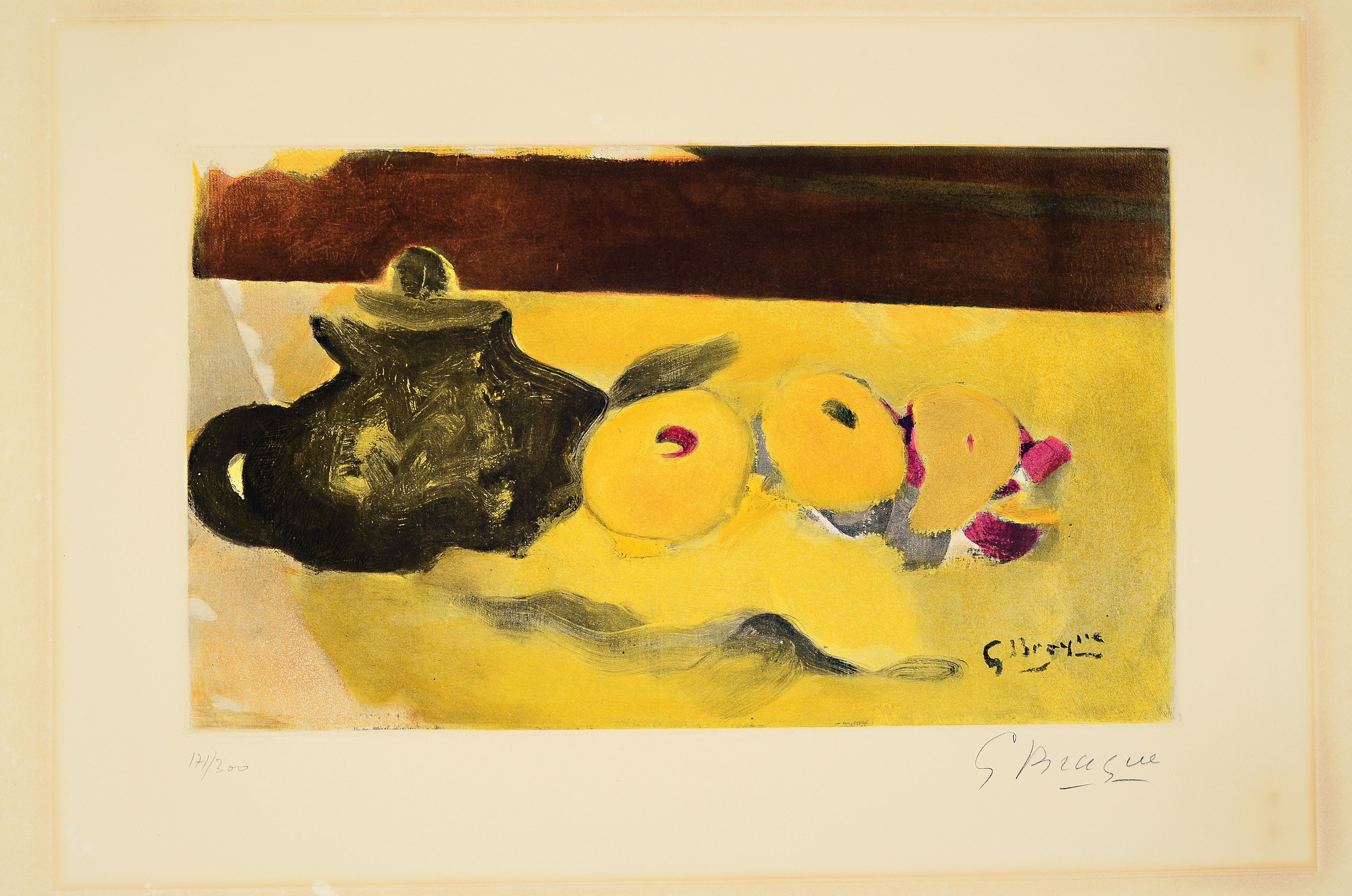 Detail k: Georges Braque, 1882-1963, Stillleben, Farblithographie, handsigniert, num. 171/200, ausserhalb der Darstellung stark gebräunt, ca. 25x43cm, ...