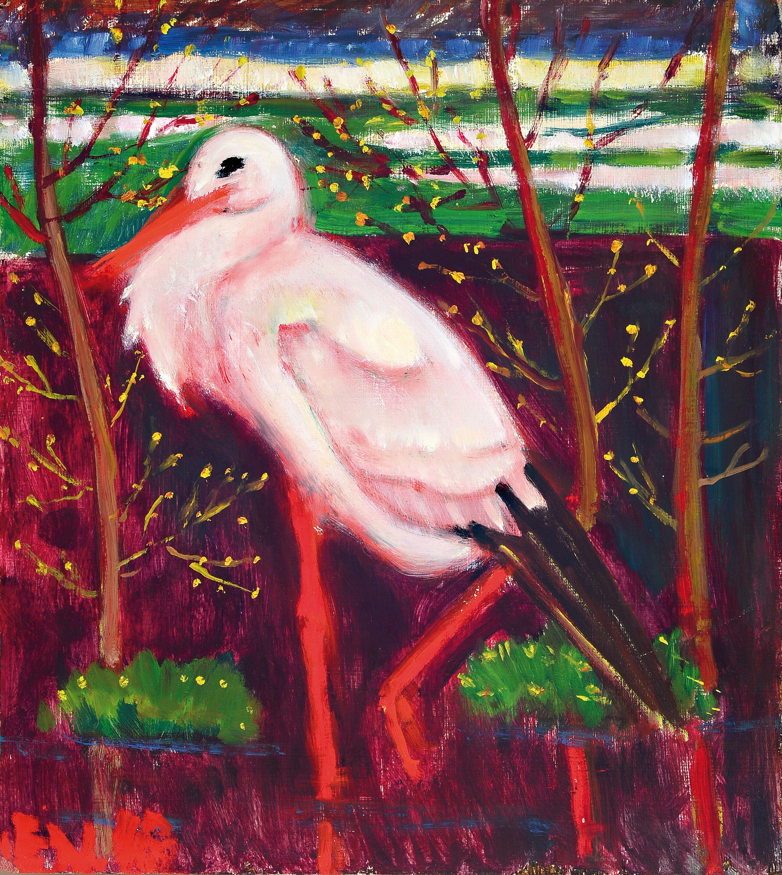 Ernst Norlind, 1877-1952, Flamingo, Öl/Hartfaser, links unten monogr. EN und unleserlich datiert, ca. 45x40cm, Rahmen mit Schattenfuge ca. 50x45cm