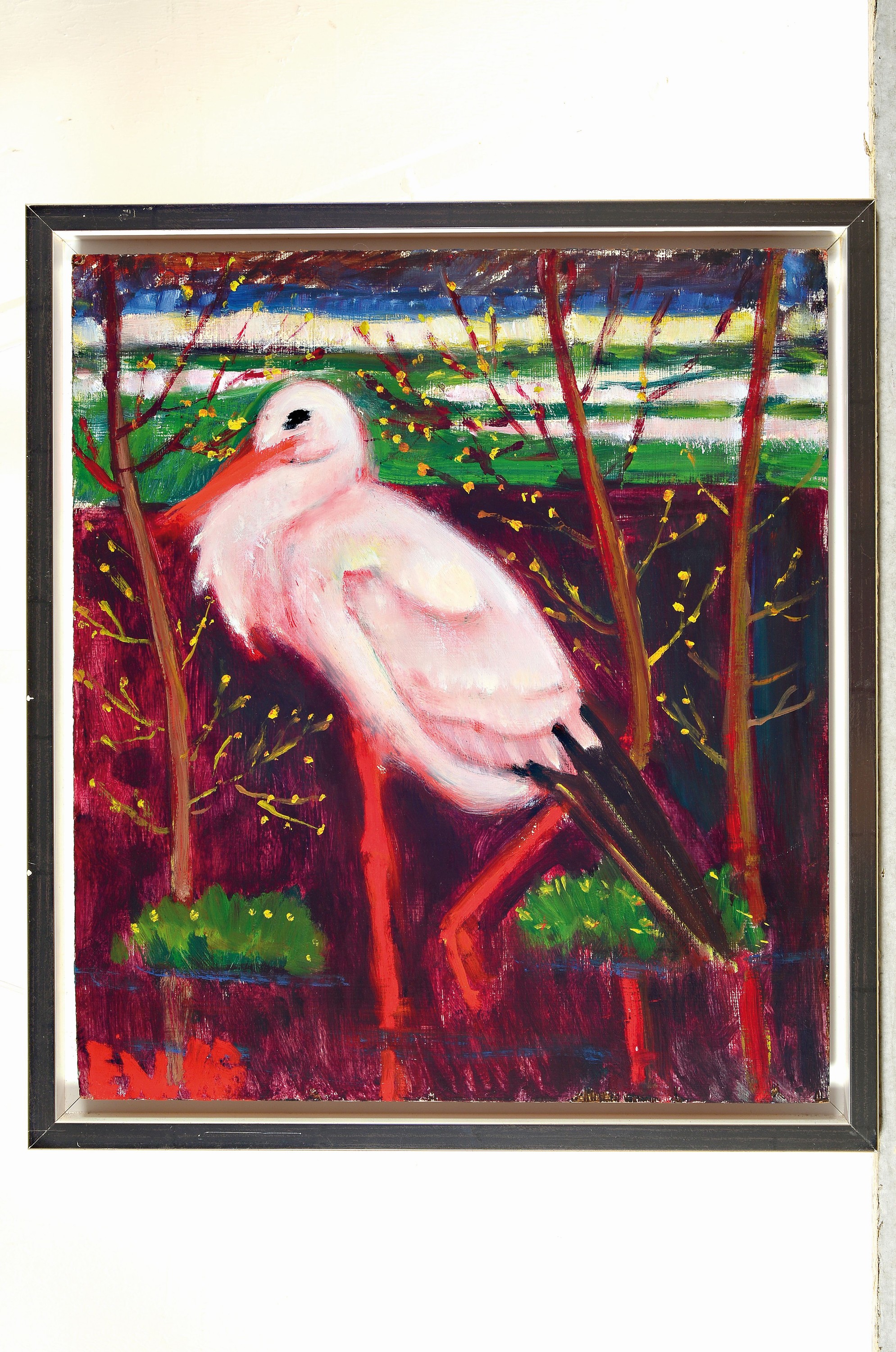 Detail k: Ernst Norlind, 1877-1952, Flamingo, Öl/Hartfaser, links unten monogr. EN und unleserlich datiert, ca. 45x40cm, Rahmen mit Schattenfuge ca. 50x45cm