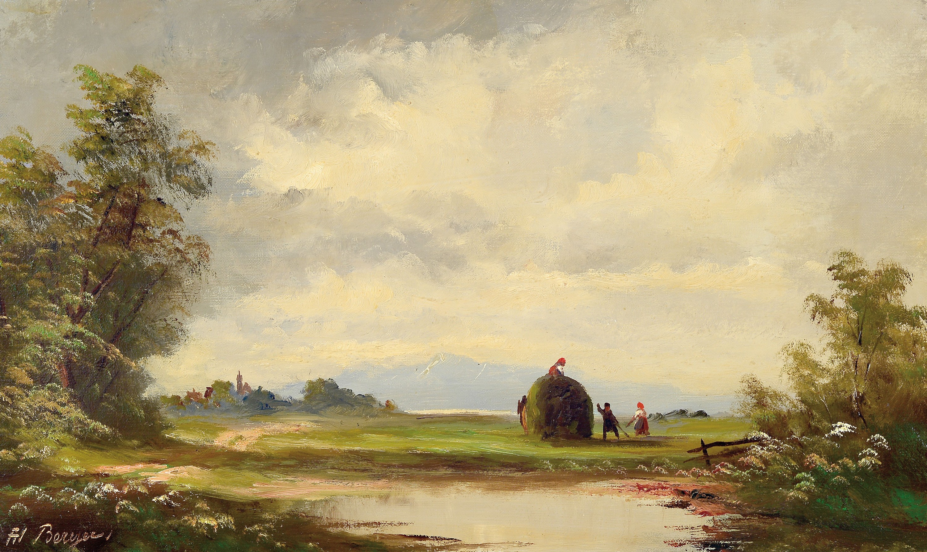 Heinrich Berger, geb. 1898, 2 Arbeiten in Öl auf Lwd: 1) Heuernte in Voralpenlandschaft, ÖL/Lwd, links unten sign., ca. 30x50cm, R.ca. 36x56cm; 2) ...