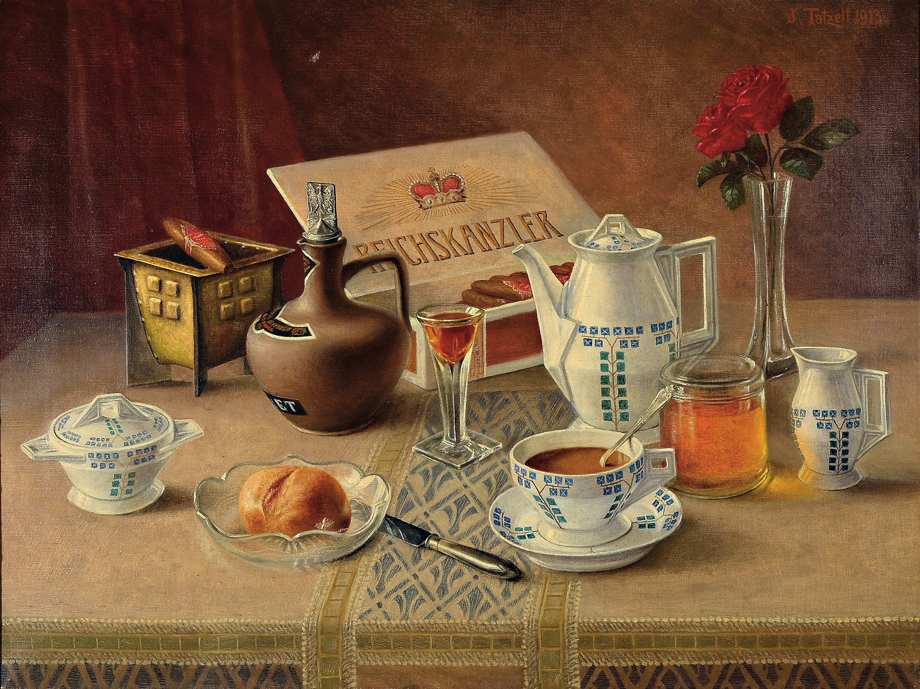 J. Taztelt, datiert 1913, Frühstücks -Stillleben mit zeittypischem Kaffeegeschirr, Brötchen und Honig, Zigarren und Likör, Öl/Lwd, rechts oben ...