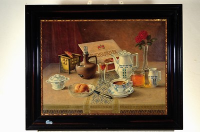 26787899k - J. Taztelt, dated 1913, breakfast still life with typical coffee dishes, rolls and honey, cigars and liqueur, oil/canvas, signed and dated at the top right, approx. 54x72 cm, frame approx. 72x90cm