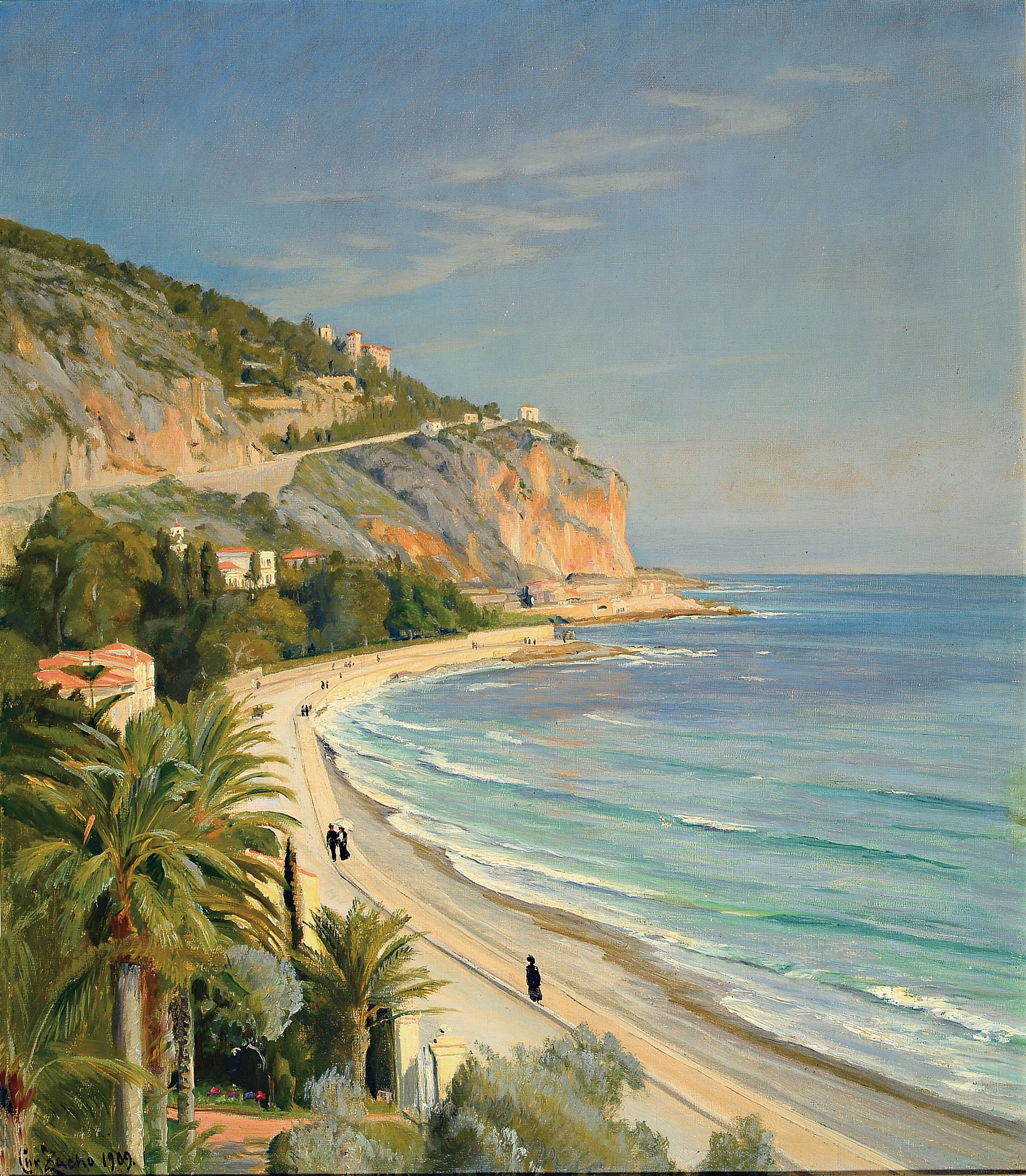(Peter Morch) Christian Zacho, 1843-1913, Küstenlandschaft im Süden, Personen auf der Strandpromenade, Öl/Lwd, links unten sign., ca. 54x46cm, R. ...