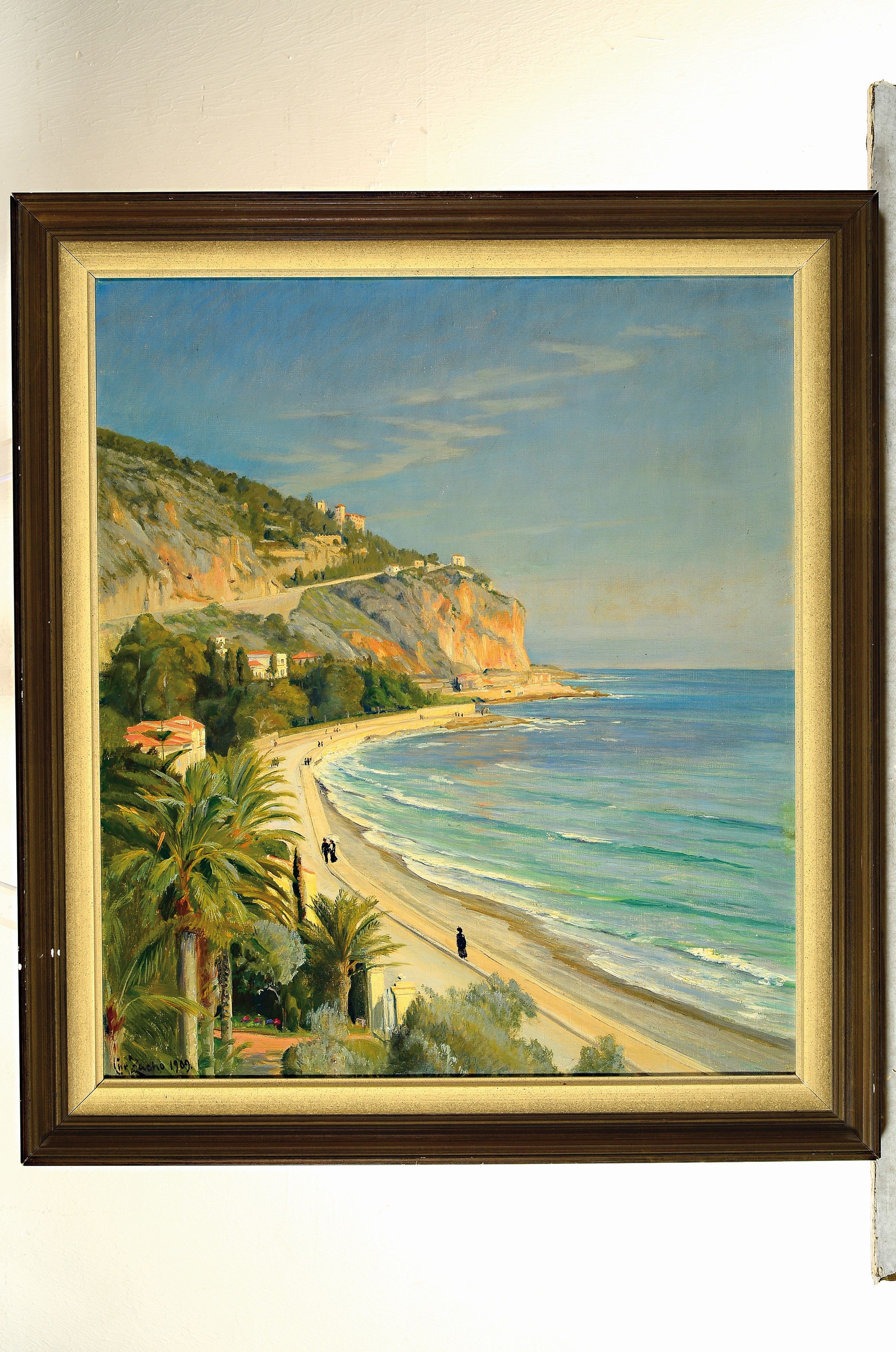Detail k: (Peter Morch) Christian Zacho, 1843-1913, Küstenlandschaft im Süden, Personen auf der Strandpromenade, Öl/Lwd, links unten sign., ca. 54x46cm, R. ...