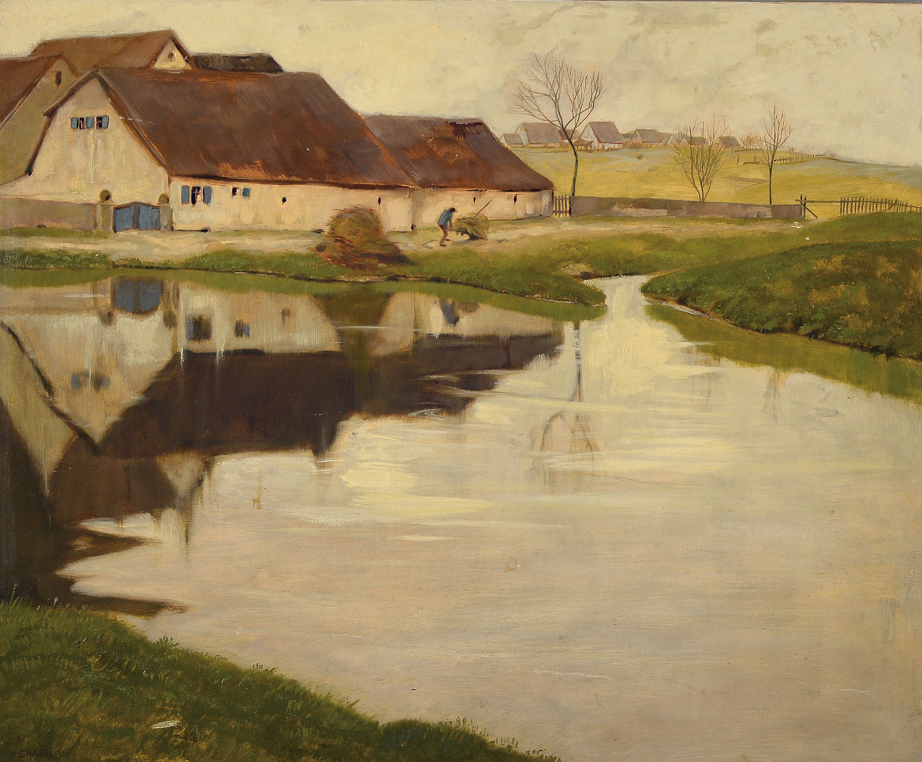 Hermann Gradl, 1883 Marktheidenfeld-1964 Nürnberg, Bauernhäuser am Bachlauf, Öl/Malkarton, links unten signiert, ca. 50x60cm, R. ca. 60x69cm