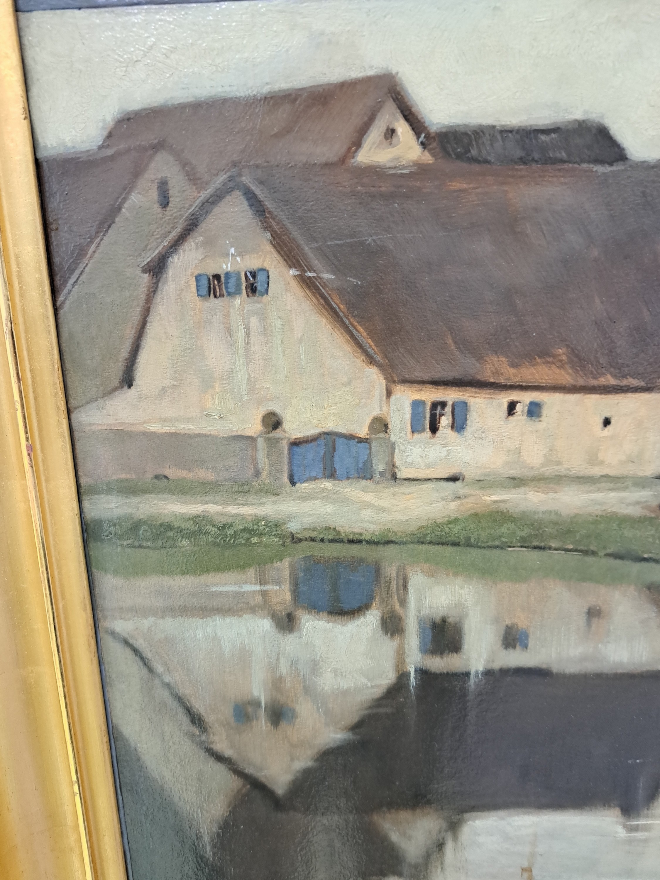 Detail a: Hermann Gradl, 1883 Marktheidenfeld-1964 Nürnberg, Bauernhäuser am Bachlauf, Öl/Malkarton, links unten signiert, ca. 50x60cm, R. ca. 60x69cm