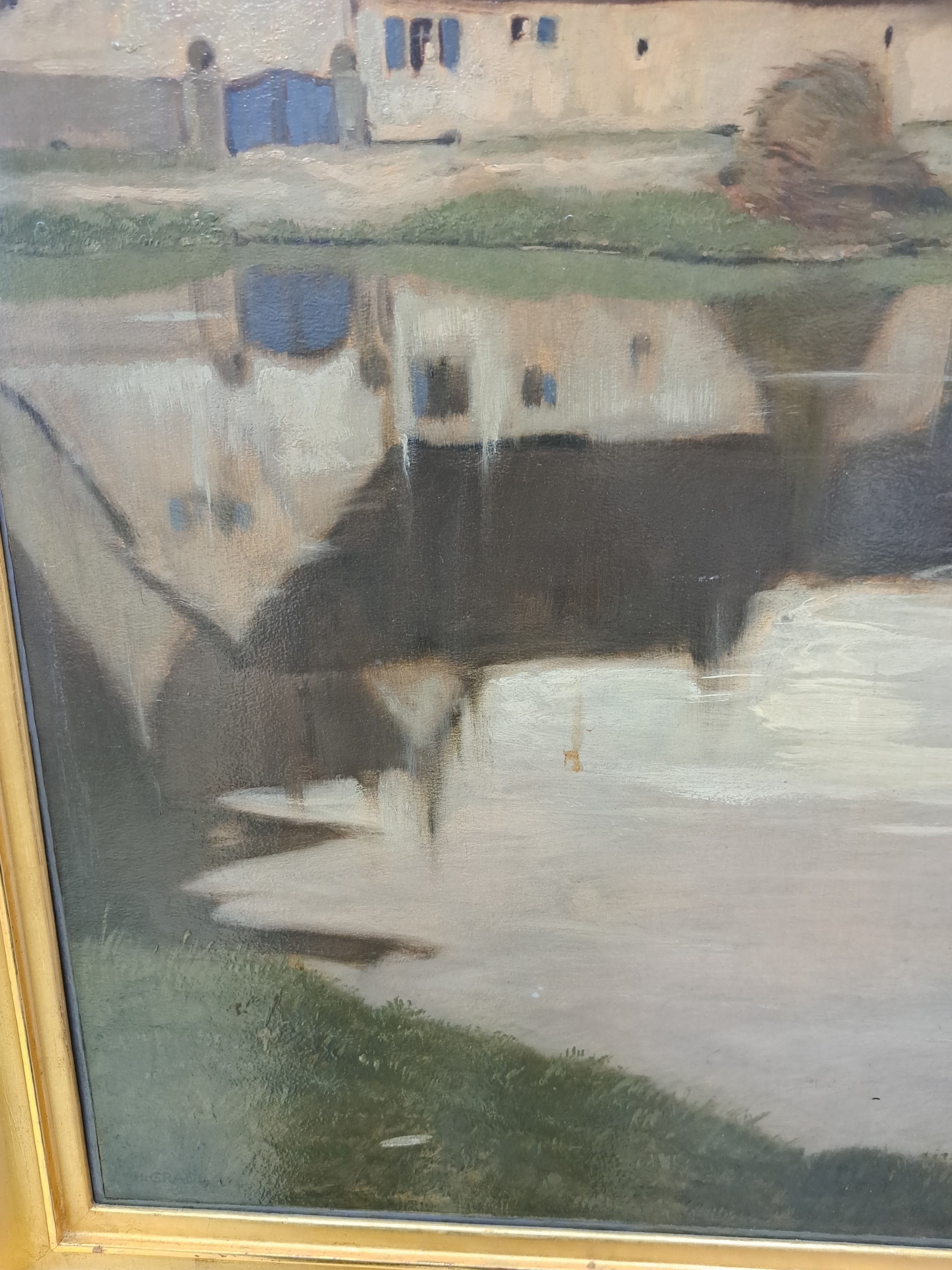 Detail b: Hermann Gradl, 1883 Marktheidenfeld-1964 Nürnberg, Bauernhäuser am Bachlauf, Öl/Malkarton, links unten signiert, ca. 50x60cm, R. ca. 60x69cm