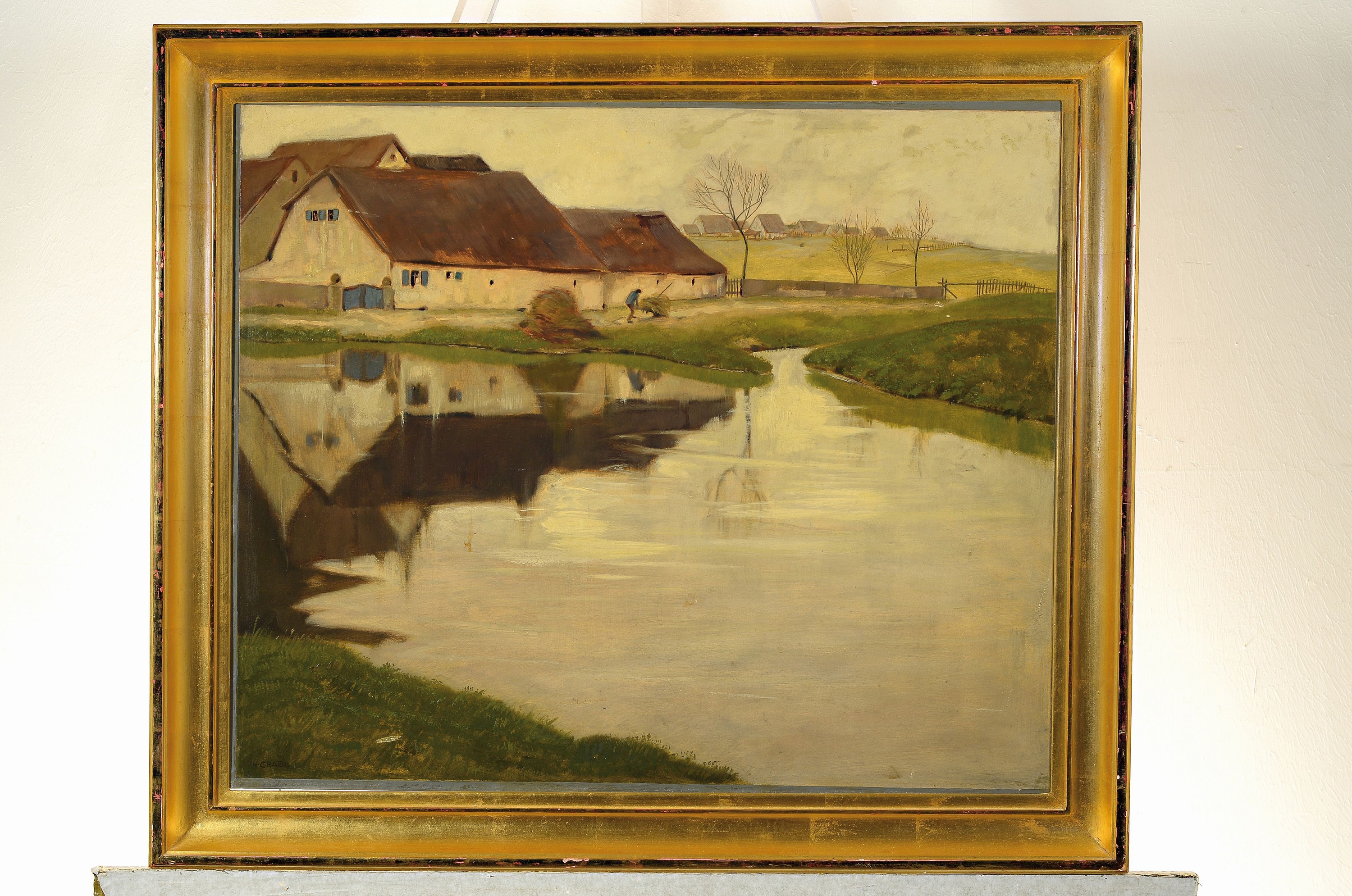 Detail k: Hermann Gradl, 1883 Marktheidenfeld-1964 Nürnberg, Bauernhäuser am Bachlauf, Öl/Malkarton, links unten signiert, ca. 50x60cm, R. ca. 60x69cm