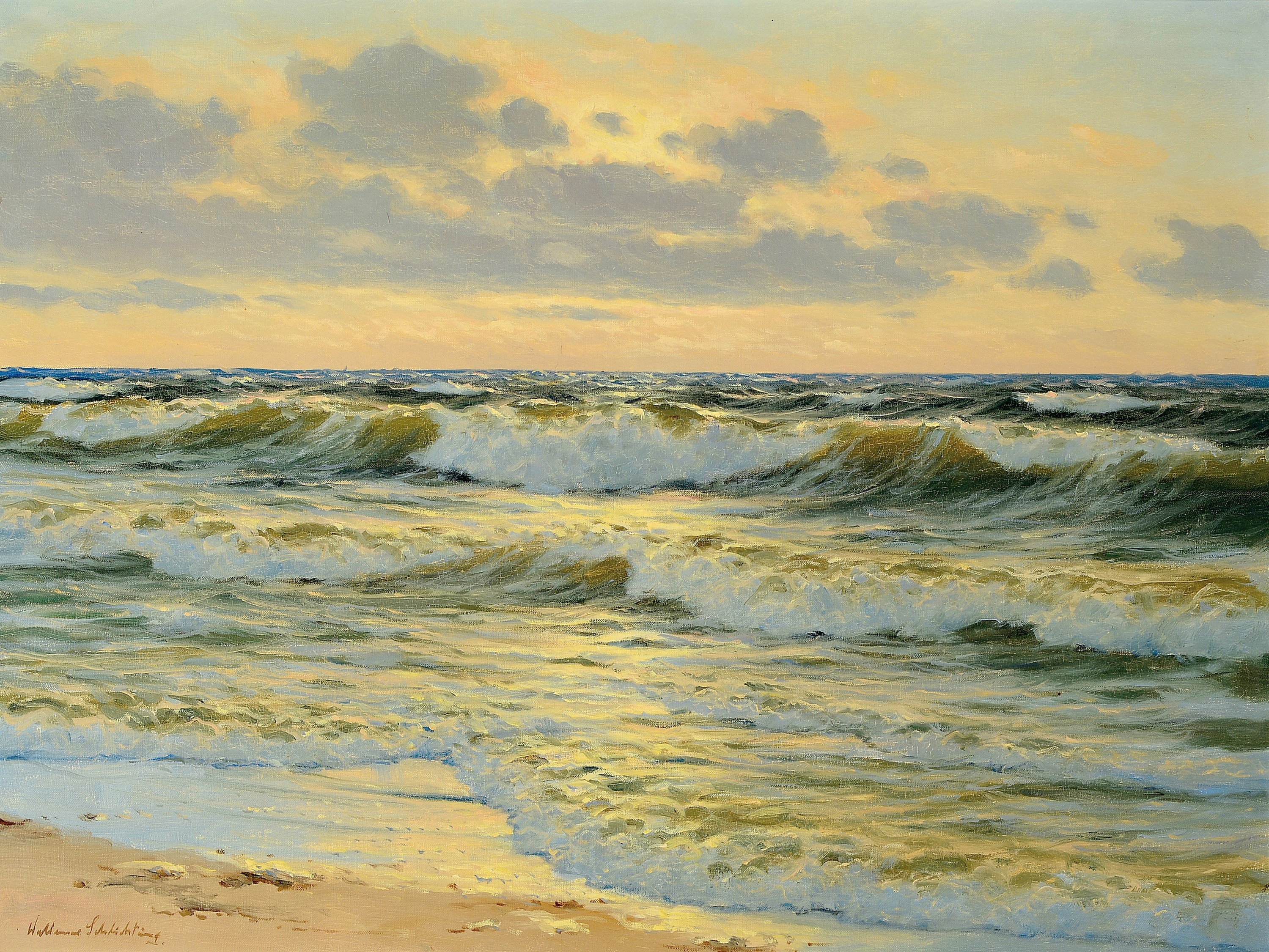 Waldemar Schlichting, 1896-1970, Wellen am Strand im sanften Abendlicht, Öl/Lwd, links unten signiert, ca. 60x80cm, R. ca. 72x92cm