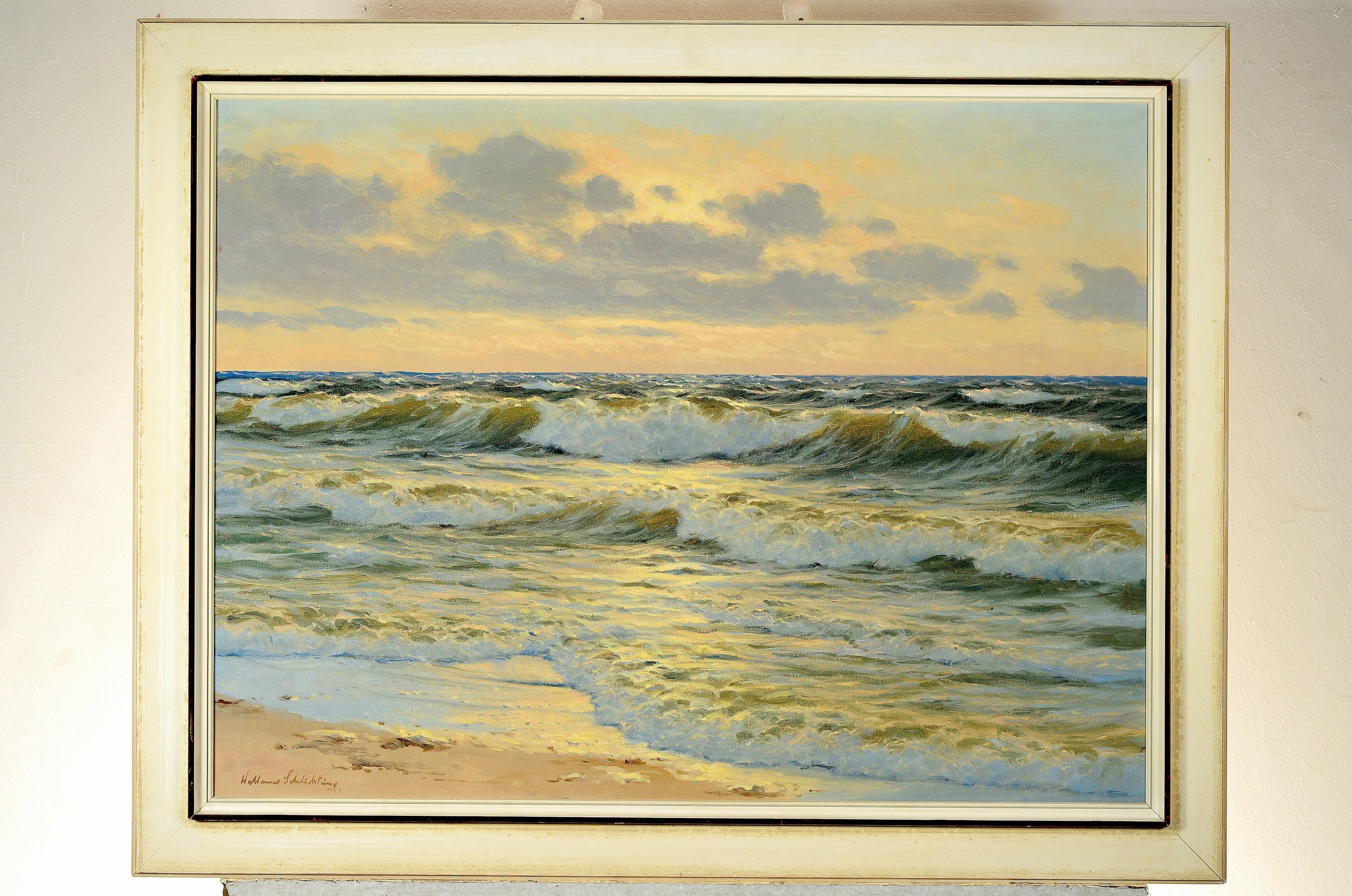Detail k: Waldemar Schlichting, 1896-1970, Wellen am Strand im sanften Abendlicht, Öl/Lwd, links unten signiert, ca. 60x80cm, R. ca. 72x92cm
