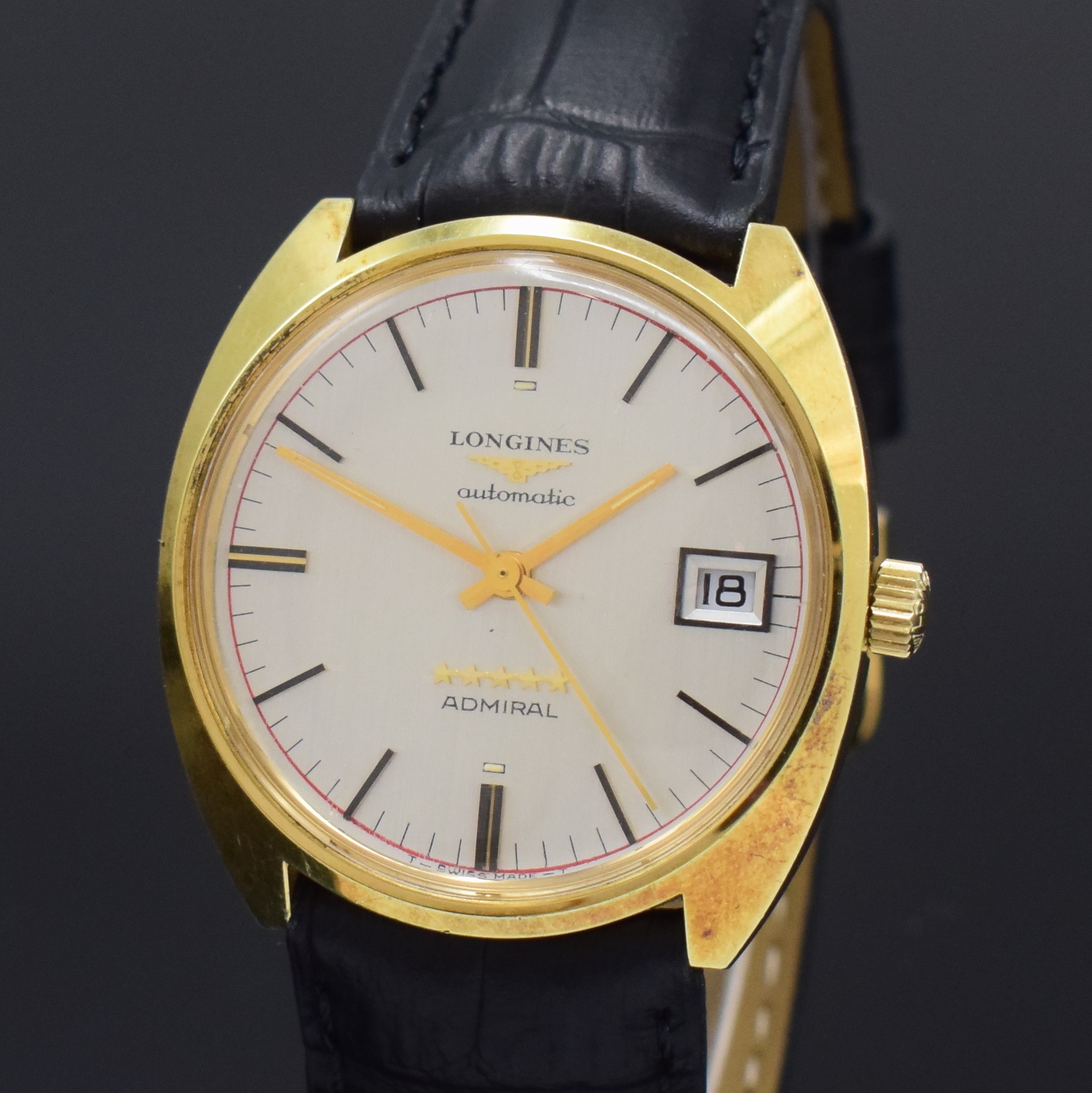 Detail a: LONGINES Herrenarmbanduhr Admiral Five Starts, Schweiz um 1969, Automatik, verg. Einschalengeh., Lederband m. verg. orig. Dornschl., Anz. v. Std., ...