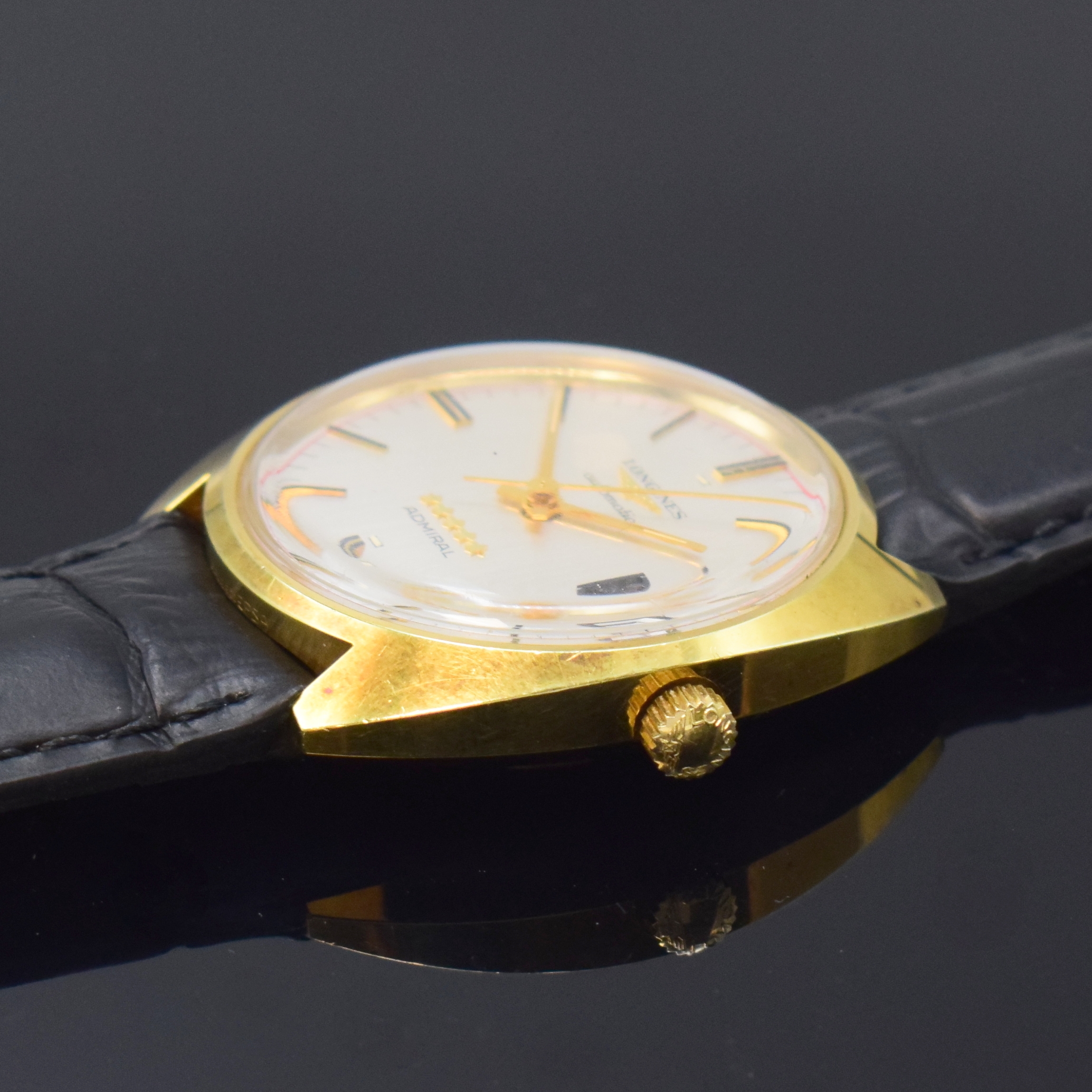 Detail c: LONGINES Herrenarmbanduhr Admiral Five Starts, Schweiz um 1969, Automatik, verg. Einschalengeh., Lederband m. verg. orig. Dornschl., Anz. v. Std., ...