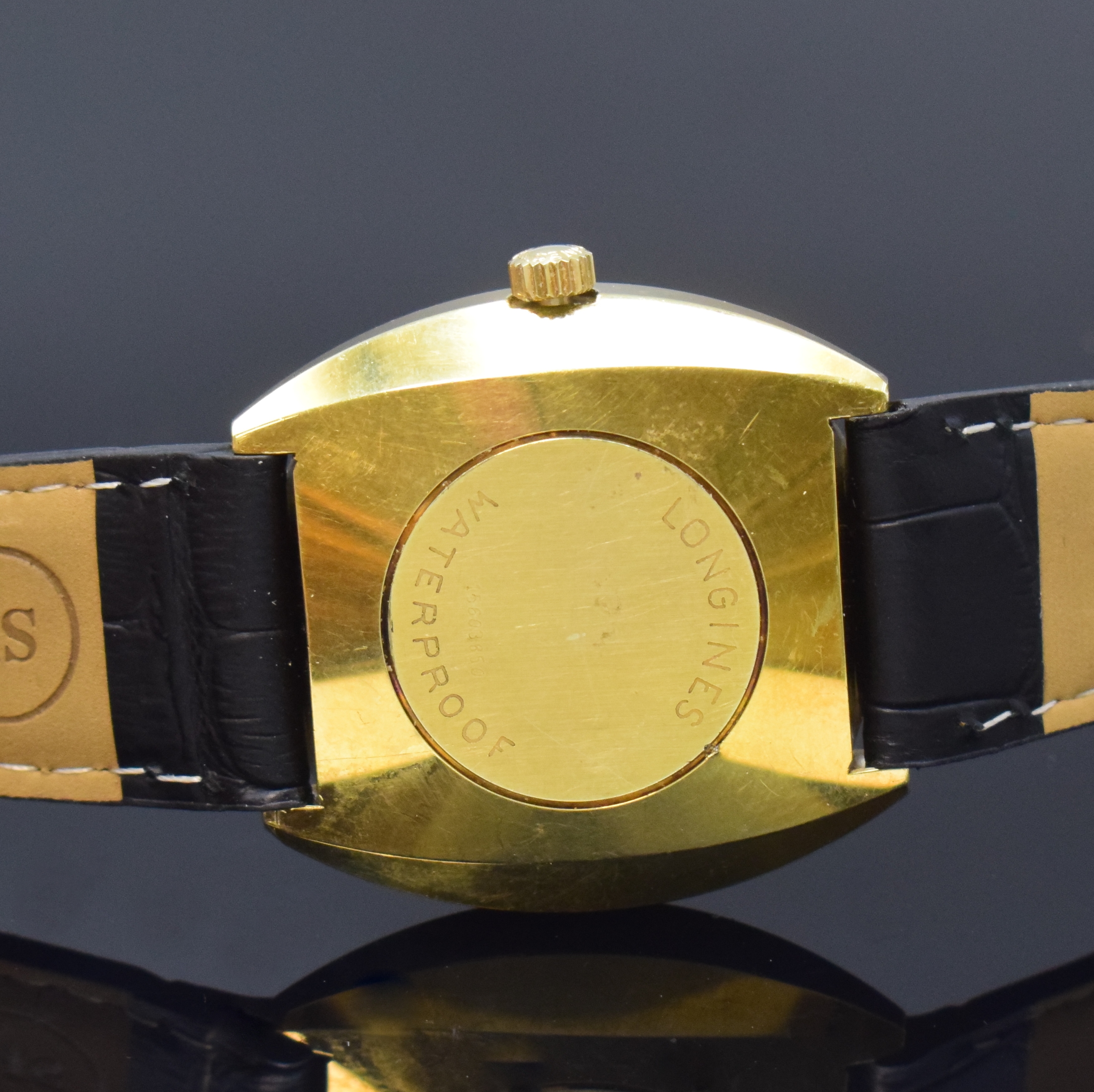 Detail d: LONGINES Herrenarmbanduhr Admiral Five Starts, Schweiz um 1969, Automatik, verg. Einschalengeh., Lederband m. verg. orig. Dornschl., Anz. v. Std., ...