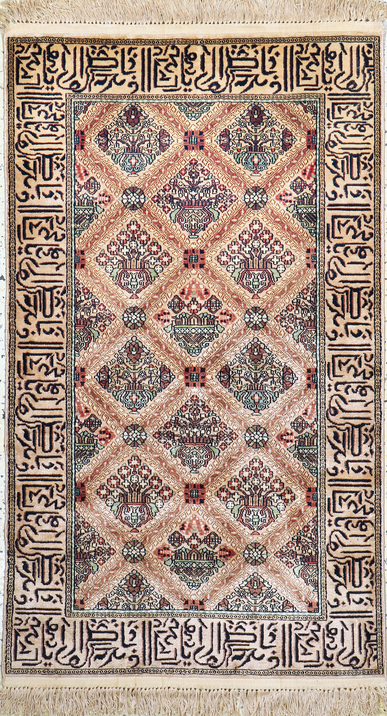 Kashmir Seide, Indien, ca. 50 Jahre, Seide auf Baumwolle, ca. 150 x 90 cm, EHZ: 1-2