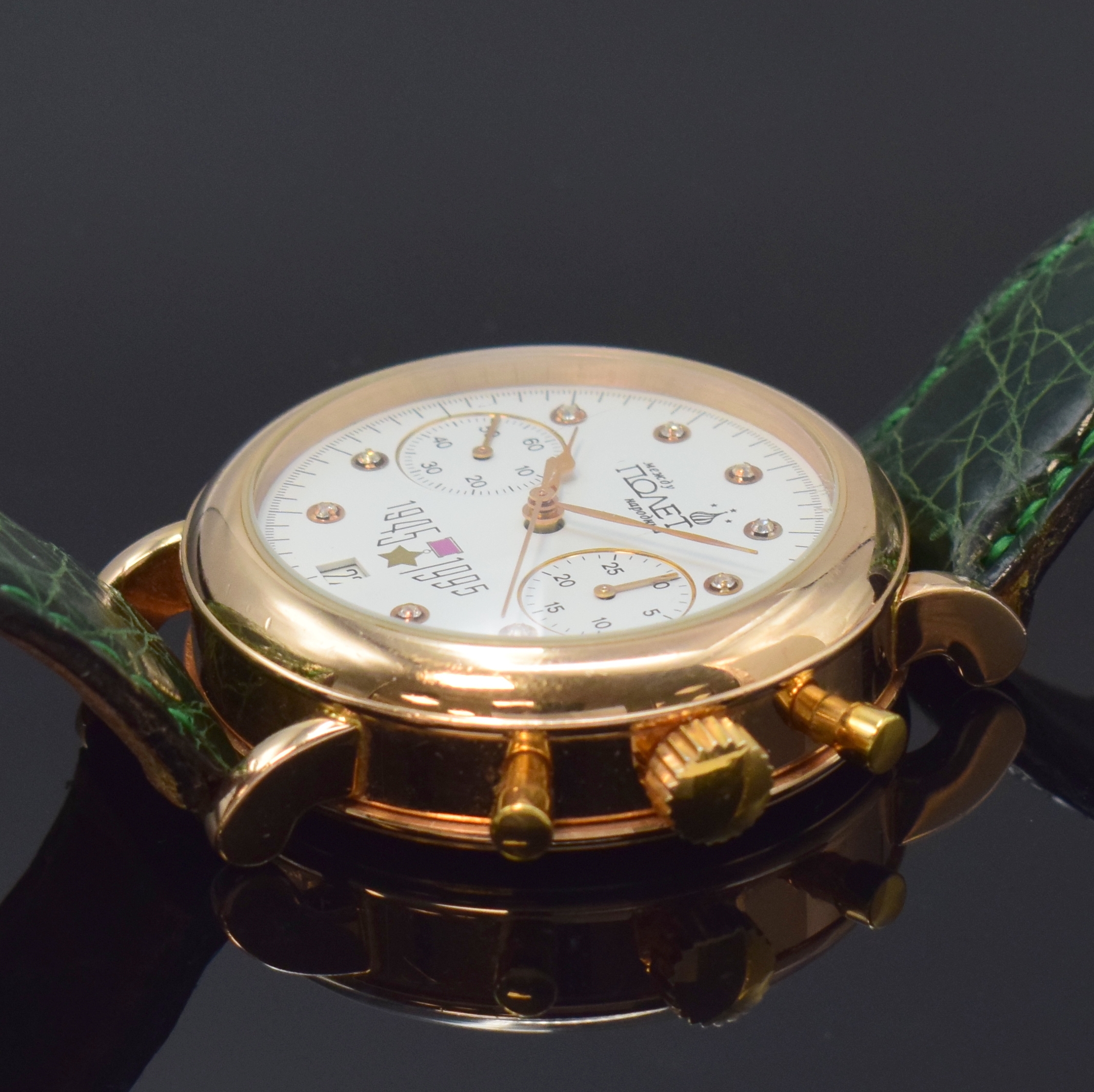 Detail c: POLJOT Herrenarmbanduhr in RG 585/000, Russland um 1995, Handaufzug, beids. vergl. Geh., Boden aufgedr., Lederband m. Dornschl. in RG 585/000, ...
