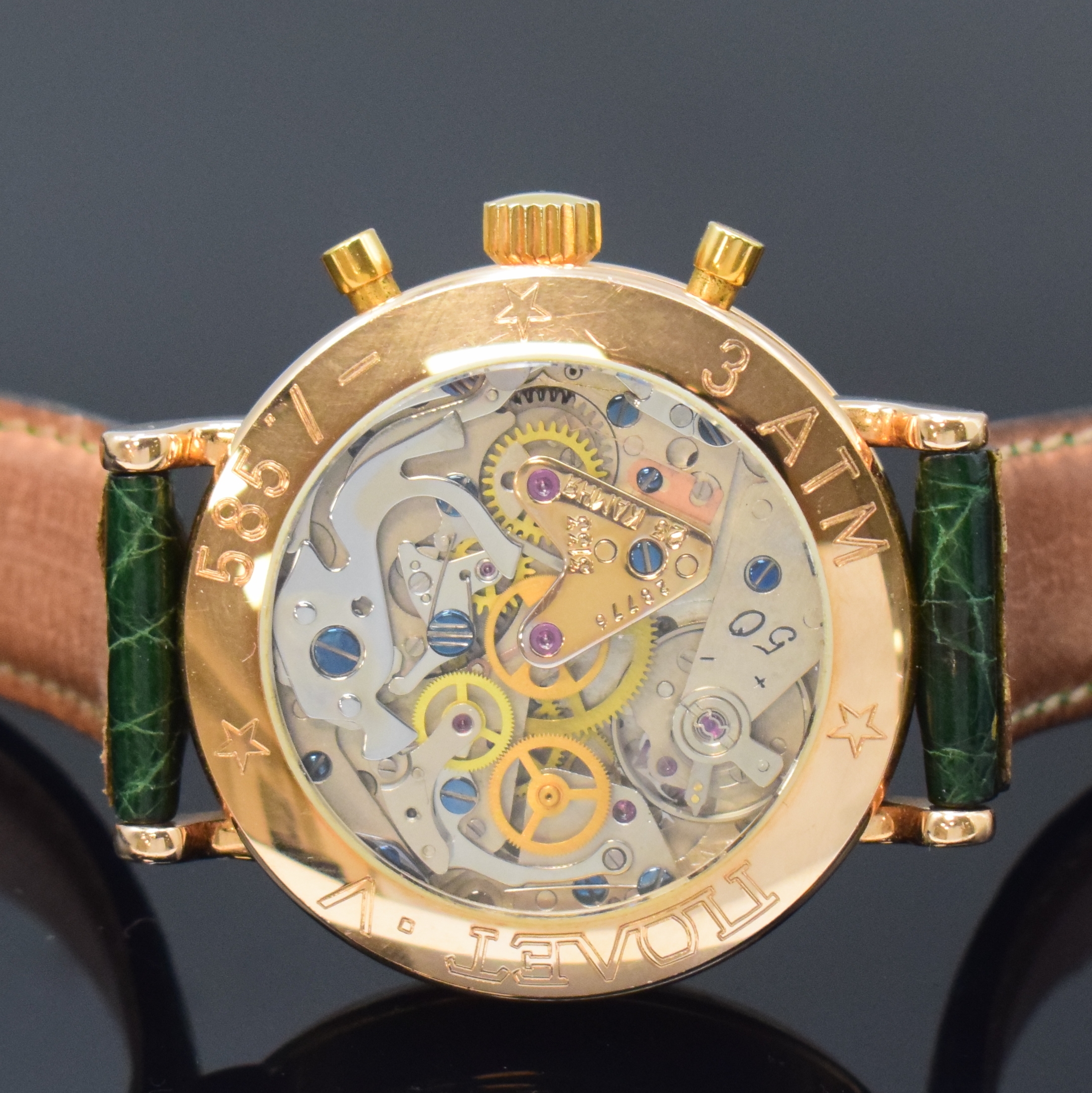 Detail d: POLJOT Herrenarmbanduhr in RG 585/000, Russland um 1995, Handaufzug, beids. vergl. Geh., Boden aufgedr., Lederband m. Dornschl. in RG 585/000, ...