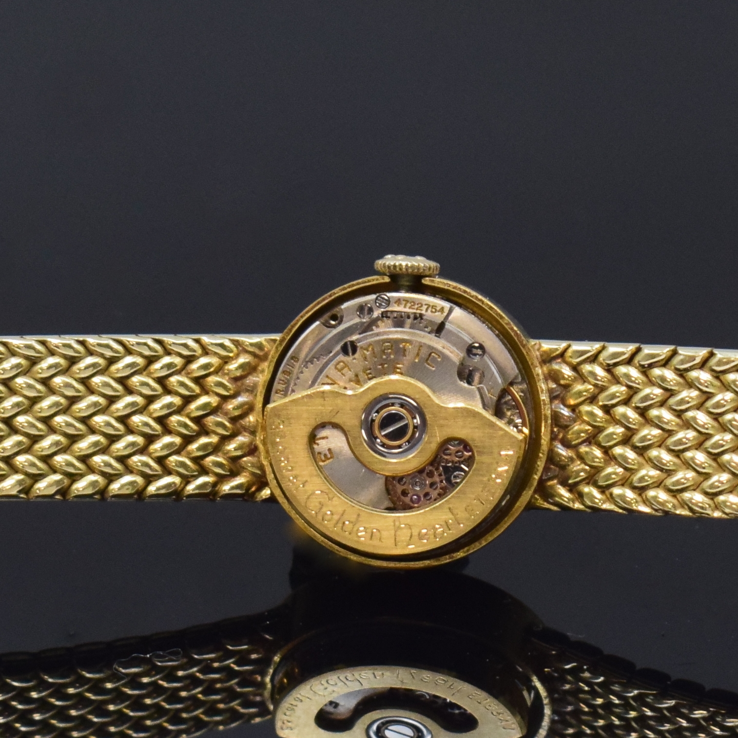 Detail d: ETERNA-MATIC Damenarmbanduhr Golden Heart in GG 750/000, Schweiz um 1960, Automatik, Geh. an neutr. GG 585/000 Band, Boden aufgedr., silb. Zifferbl. ...