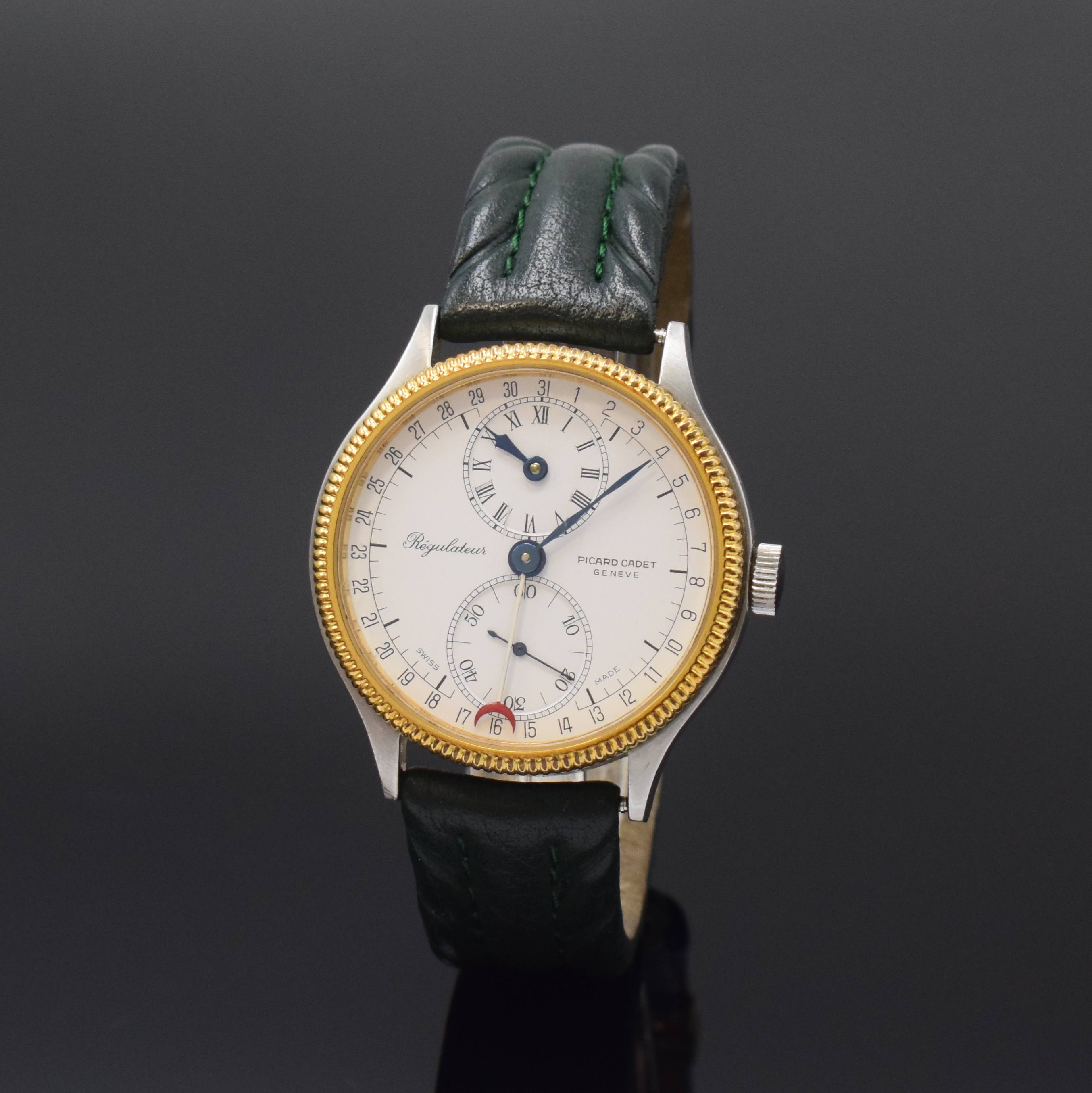 PICARD CADET Regulateur Herrenarmbanduhr, Schweiz um 1995, Handaufzug, Edelstahlgeh. beids vergl., Boden verschr., verg. Lünette geriffelt, weißes ...