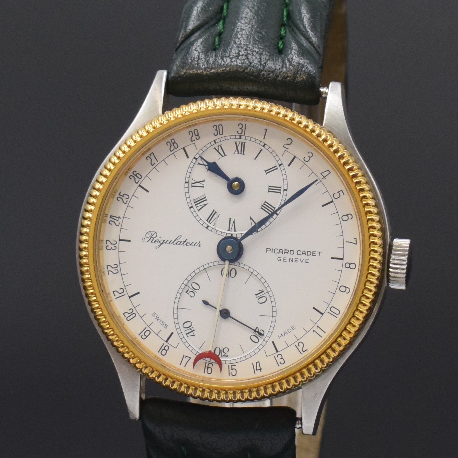 Detail a: PICARD CADET Regulateur Herrenarmbanduhr, Schweiz um 1995, Handaufzug, Edelstahlgeh. beids vergl., Boden verschr., verg. Lünette geriffelt, weißes ...