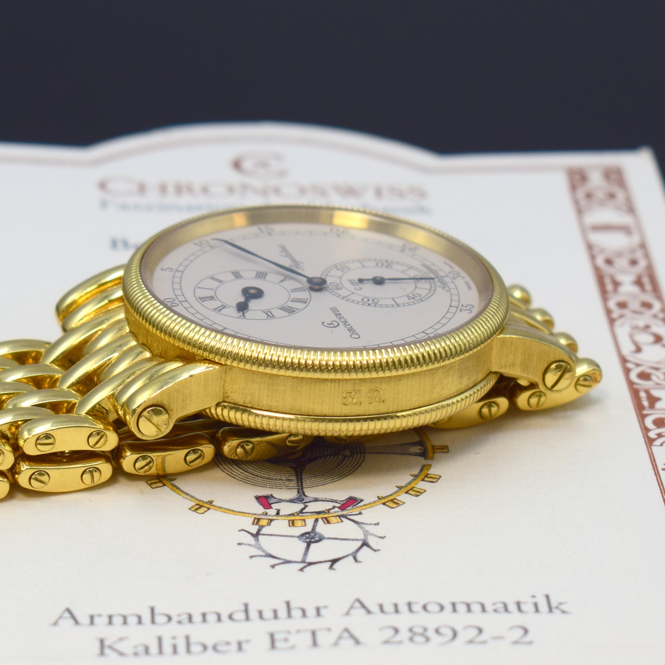 Detail g: CHRONOSWISS Herrenarmbanduhr Regulateur in GG 750/000 Referenz CH 1221, Schweiz um 2000, Automatik, beids. vergl. Geh. inkl. orig. Goldband m. dopp. ...