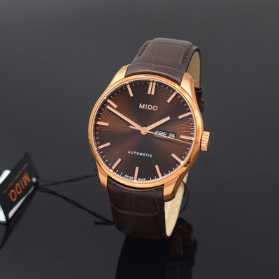 Image 26787936 - MIDO nearly mint gents wristwatch reference M024.630.36.291.00, self winding, PVD-coated stainless steel case including original leather strap with butterfly buckle, on both sides glazed, screwed down case back, brown, engine-turned dial with applied indices, display of hour, minutes, sweep seconds, day and date, diameter approx. 44 mm, condition 1-2