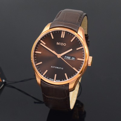 26787936a - MIDO nearly mint gents wristwatch reference M024.630.36.291.00, self winding, PVD-coated stainless steel case including original leather strap with butterfly buckle, on both sides glazed, screwed down case back, brown, engine-turned dial with applied indices, display of hour, minutes, sweep seconds, day and date, diameter approx. 44 mm, condition 1-2