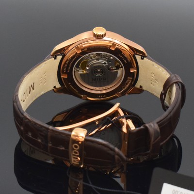 26787936e - MIDO nearly mint gents wristwatch reference M024.630.36.291.00, self winding, PVD-coated stainless steel case including original leather strap with butterfly buckle, on both sides glazed, screwed down case back, brown, engine-turned dial with applied indices, display of hour, minutes, sweep seconds, day and date, diameter approx. 44 mm, condition 1-2