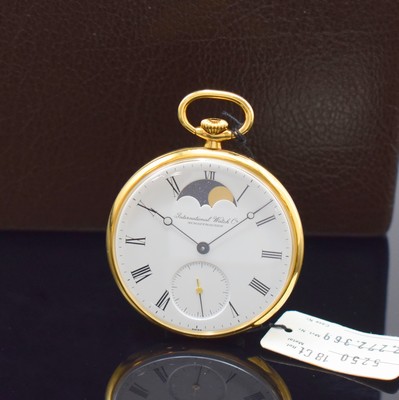 Image 26787956 - IWC rare 18k yellow gold open face pocket watch with moon phase reference 5250, Switzerland around 1985, manual winding, smooth case, white dial with Roman numerals, moon phase at 12, constant second at 6, black hands, gold-plated movement calibre 9521 with fausses cotes decoration, 19 jewels, 5 adjustments, stop-second, diameter approx. 46 mm, original box, condition 1-2