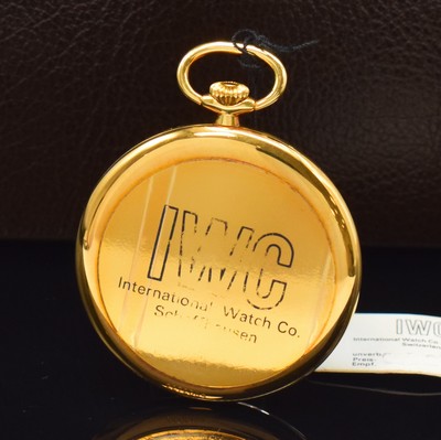 26787956b - IWC rare 18k yellow gold open face pocket watch with moon phase reference 5250, Switzerland around 1985, manual winding, smooth case, white dial with Roman numerals, moon phase at 12, constant second at 6, black hands, gold-plated movement calibre 9521 with fausses cotes decoration, 19 jewels, 5 adjustments, stop-second, diameter approx. 46 mm, original box, condition 1-2