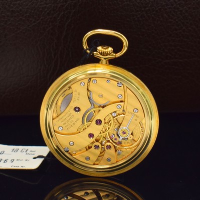26787956c - IWC rare 18k yellow gold open face pocket watch with moon phase reference 5250, Switzerland around 1985, manual winding, smooth case, white dial with Roman numerals, moon phase at 12, constant second at 6, black hands, gold-plated movement calibre 9521 with fausses cotes decoration, 19 jewels, 5 adjustments, stop-second, diameter approx. 46 mm, original box, condition 1-2