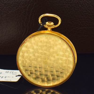 26787956d - IWC rare 18k yellow gold open face pocket watch with moon phase reference 5250, Switzerland around 1985, manual winding, smooth case, white dial with Roman numerals, moon phase at 12, constant second at 6, black hands, gold-plated movement calibre 9521 with fausses cotes decoration, 19 jewels, 5 adjustments, stop-second, diameter approx. 46 mm, original box, condition 1-2