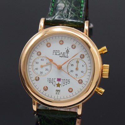 26787959a - POLJOT 14k pink gold gents wristwatch, Russia around 1995, manual winding, on both sides glazed case, snap on case back, leather strap with 14k pink gold buckle, white dial with diamond-indices, gilded hands, 30 minutes- counter, constant second at 9, date at 6, calibre 3133, 23 jewels, diameter approx. 38 mm, signs of use otherwise condition 2