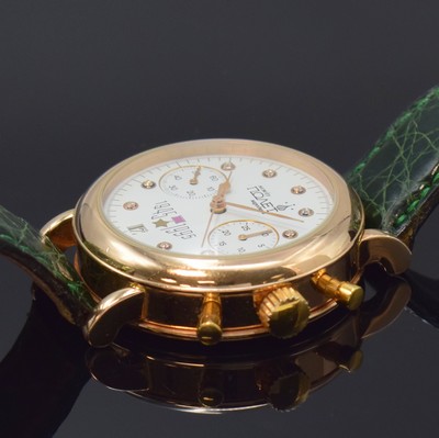 26787959c - POLJOT 14k pink gold gents wristwatch, Russia around 1995, manual winding, on both sides glazed case, snap on case back, leather strap with 14k pink gold buckle, white dial with diamond-indices, gilded hands, 30 minutes- counter, constant second at 9, date at 6, calibre 3133, 23 jewels, diameter approx. 38 mm, signs of use otherwise condition 2