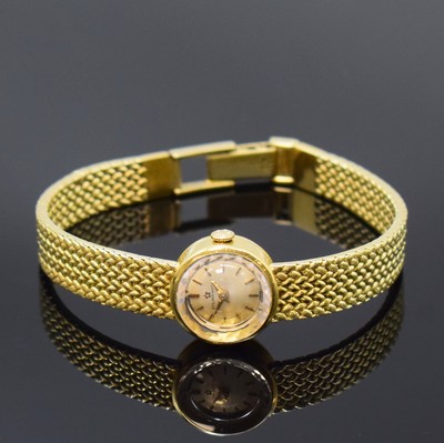 Image 26787963 - ETERNA-MATIC 18k yellow gold ladies wristwatch Golden Heart, Switzerland around 1960, self winding, neutral 14k yellow gold bracelet, snap on case back, silvered dial spotty, gilded hour-indices and hands, calibre 1419U, 23 ct. gold-rotor, 21 jewels, diameter approx. 12 mm, length approx. 18 cm, total weight approx. 42g, condition 2-3