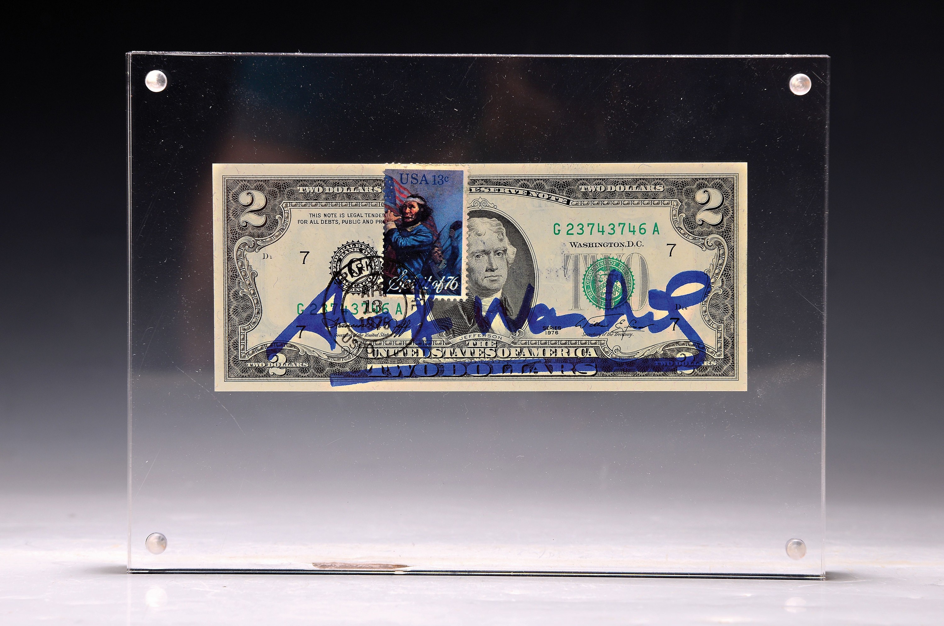 Detail k: Andy Warhol, 1928-1987,(Thomas Jefferson), 1976, Front mit blauem Filzstift signiert, verso Stempelsignatur, Schein Nr. G23743746A , in Plexiglas ...