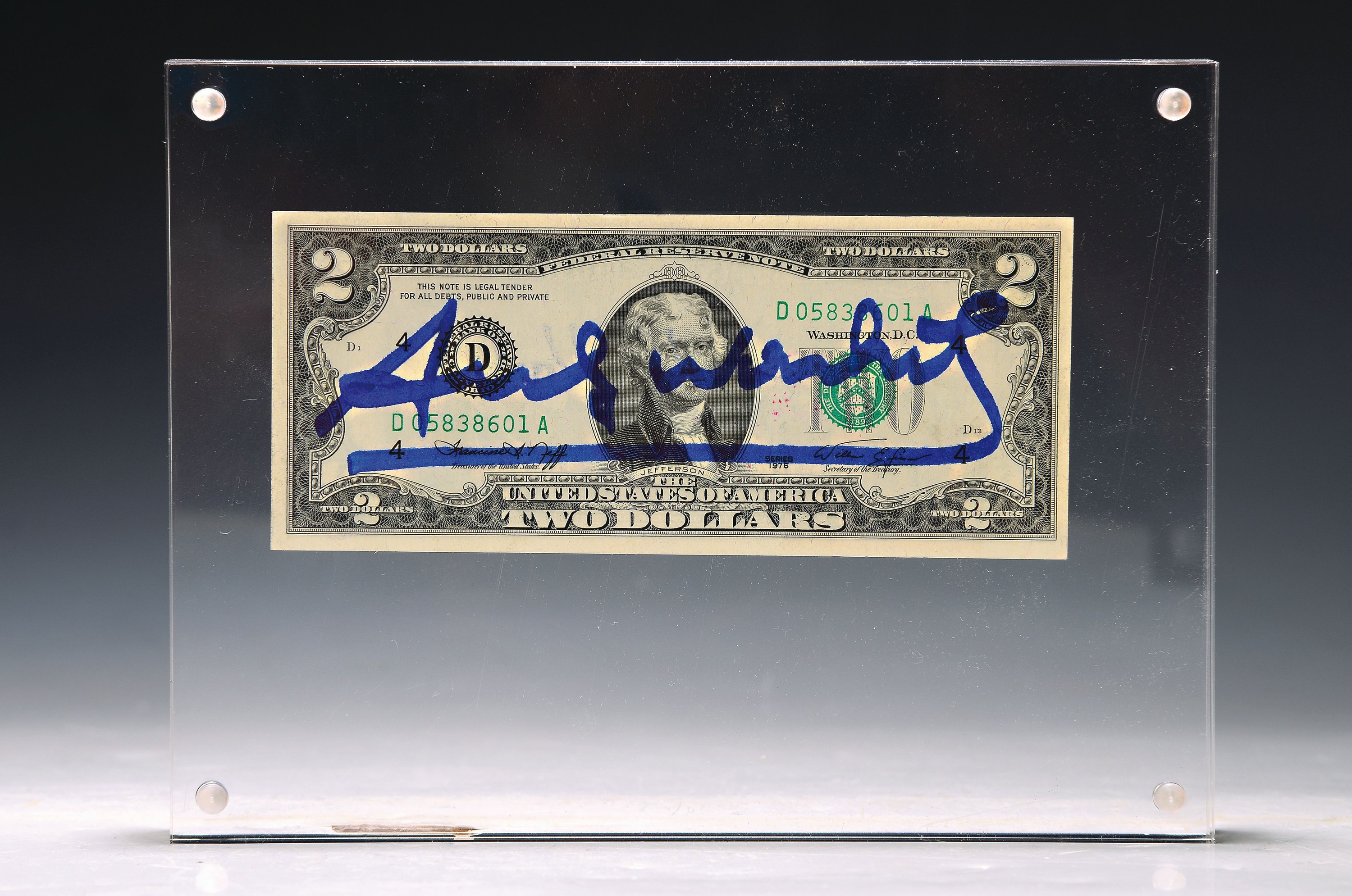 Andy Warhol, 1928-1987,(Thomas Jefferson), 1976, Front mit blauem Filzstift signiert, verso Stempelsignatur, Schein Nr. D05838601A , in Plexiglas ...