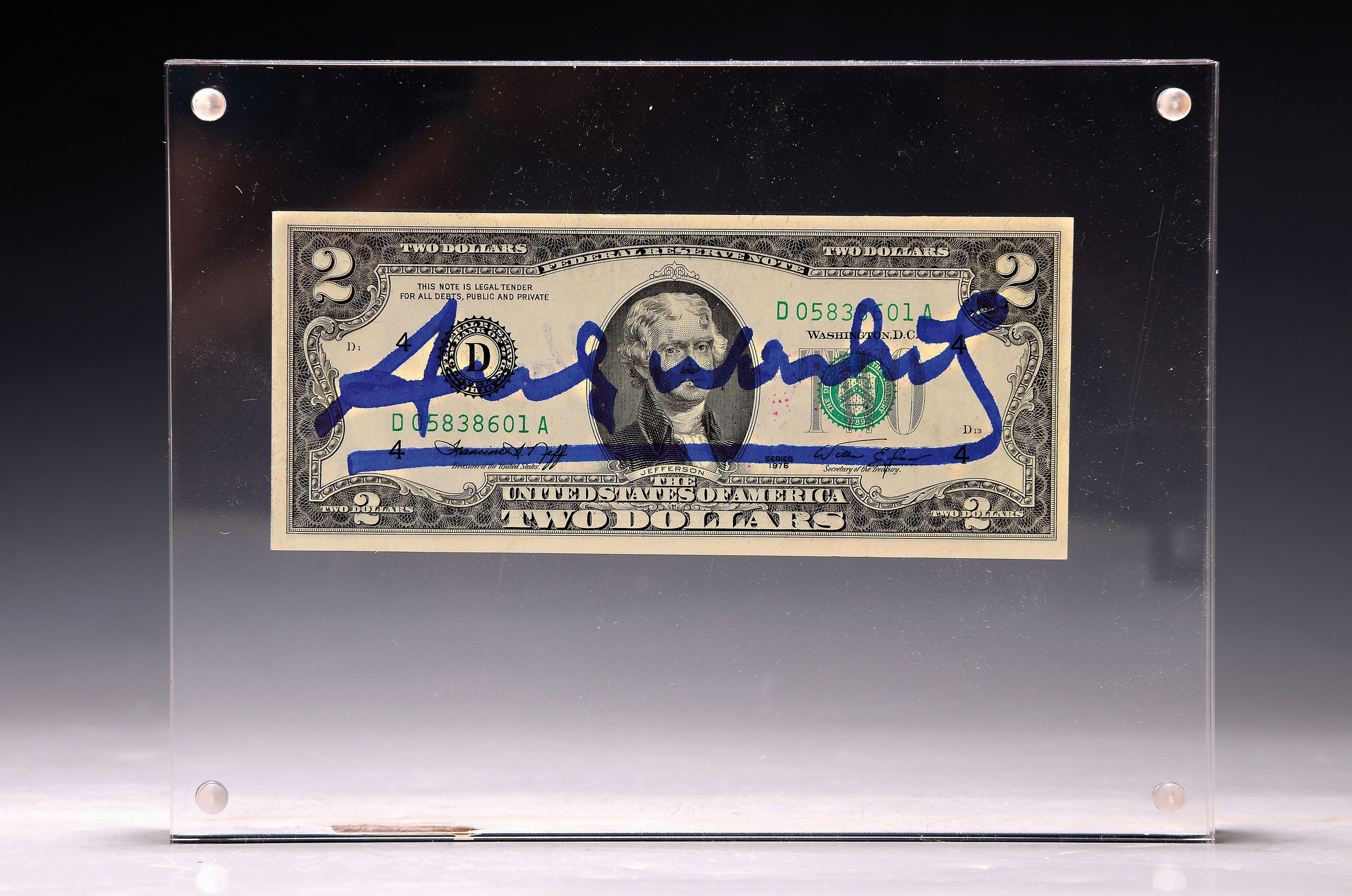 Detail k: Andy Warhol, 1928-1987,(Thomas Jefferson), 1976, Front mit blauem Filzstift signiert, verso Stempelsignatur, Schein Nr. D05838601A , in Plexiglas ...