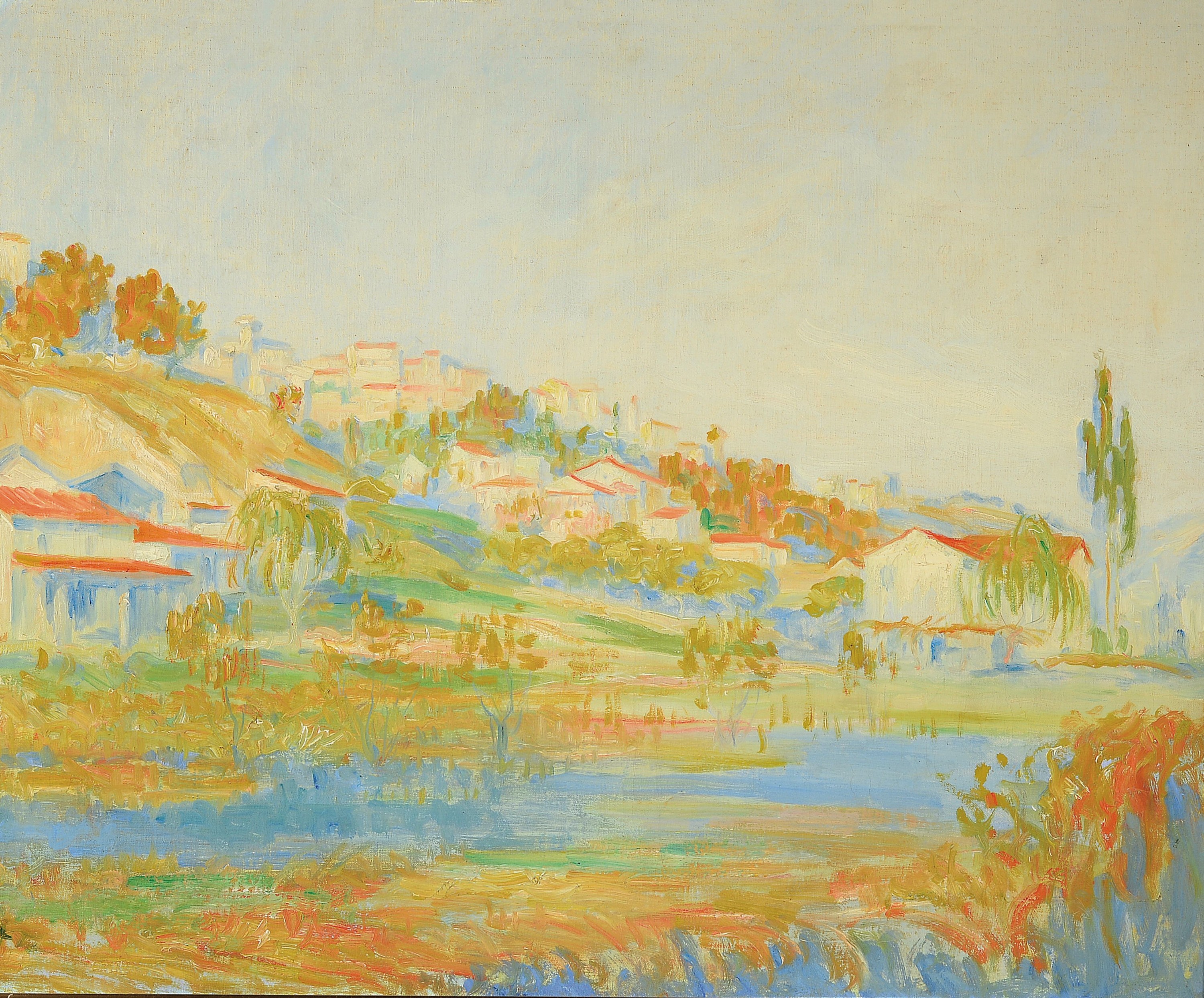 Zuschreibung: Pierre Franc Lamy, 1855-1919, Sommerliche Landschaft mit Bachlauf und Blick auf eine Ortschaft, Öl/Lwd, unsigniert, ca. 65x80cm, R. ...