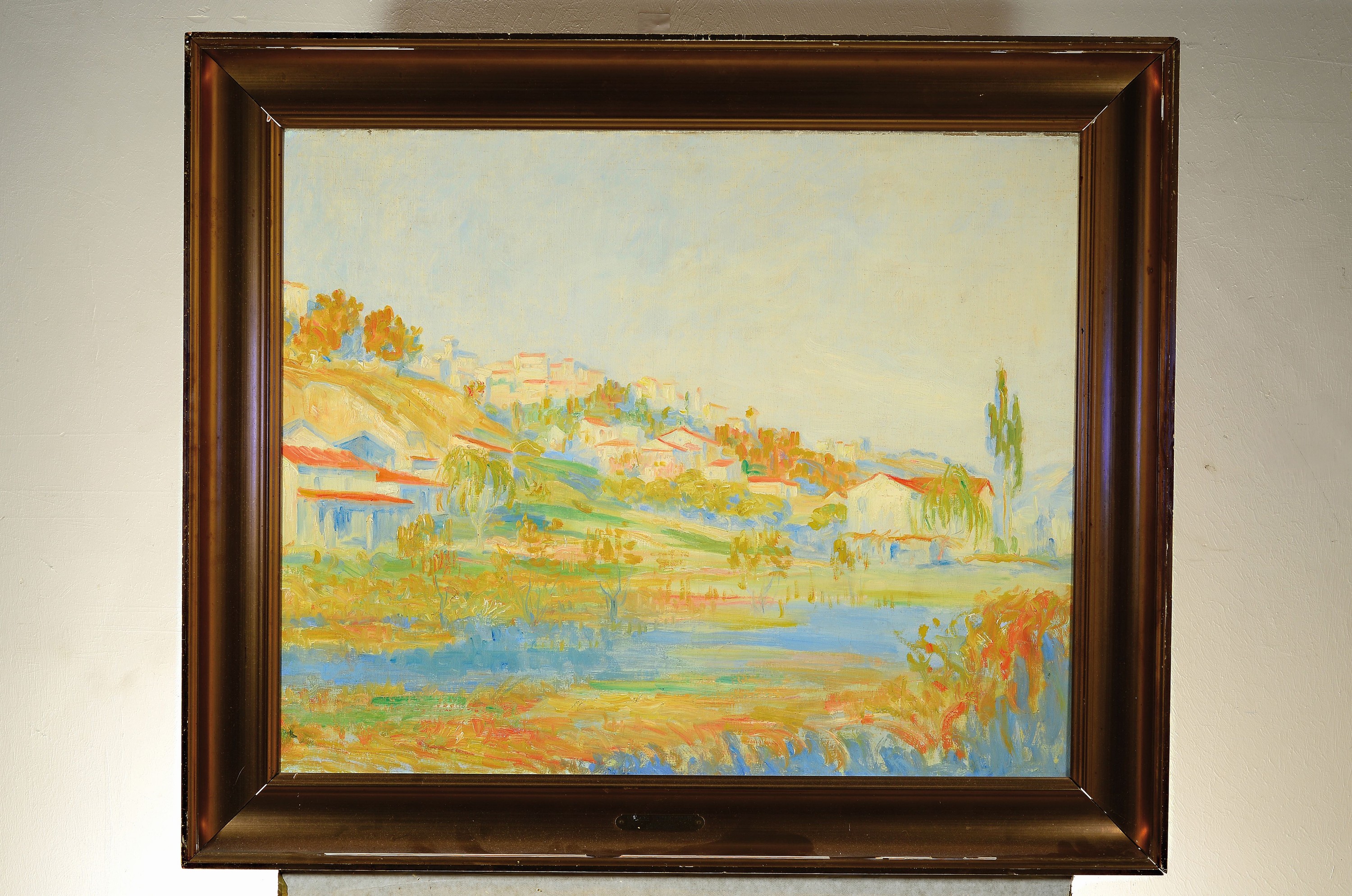 Detail k: Zuschreibung: Pierre Franc Lamy, 1855-1919, Sommerliche Landschaft mit Bachlauf und Blick auf eine Ortschaft, Öl/Lwd, unsigniert, ca. 65x80cm, R. ...