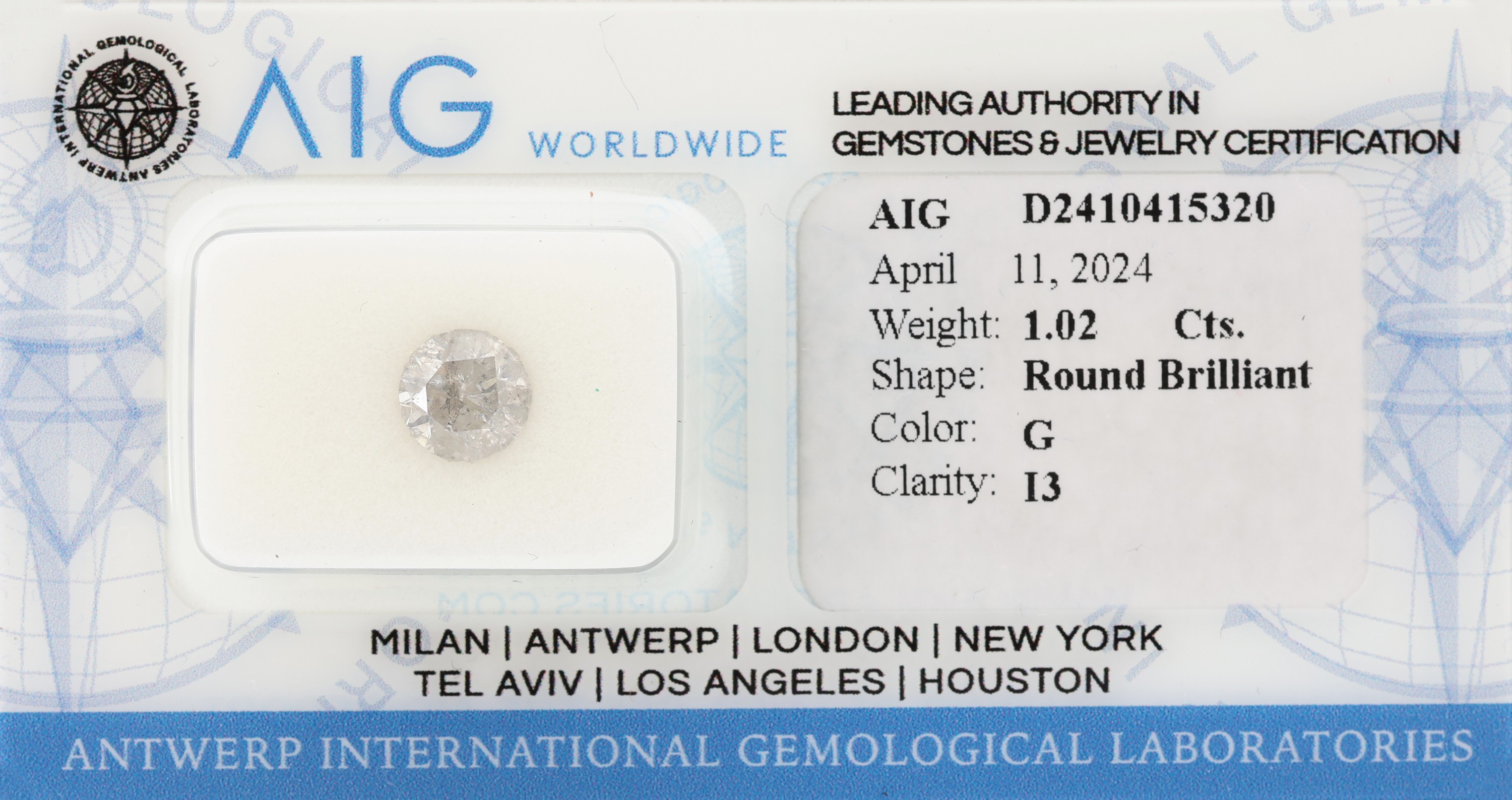 Loser Brillant 1.02 ct, feines Weiß(G)/p3, verschweißt mit AIG Zertifikat