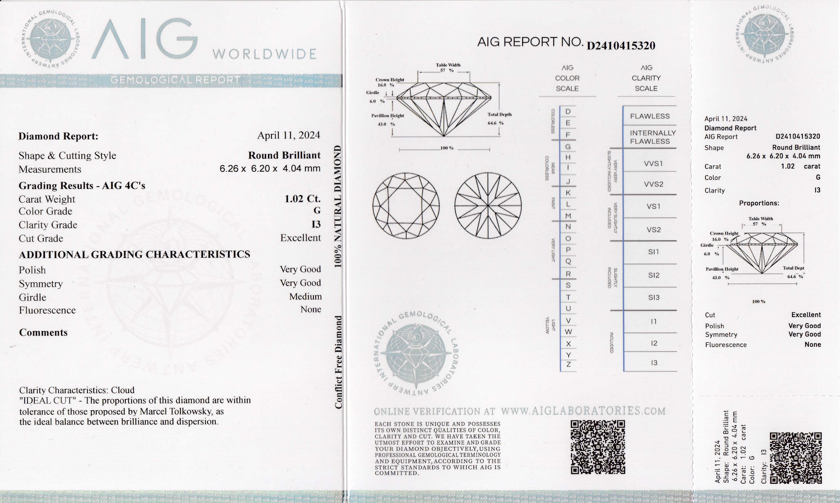 Detail a: Loser Brillant 1.02 ct, feines Weiß(G)/p3, verschweißt mit AIG Zertifikat