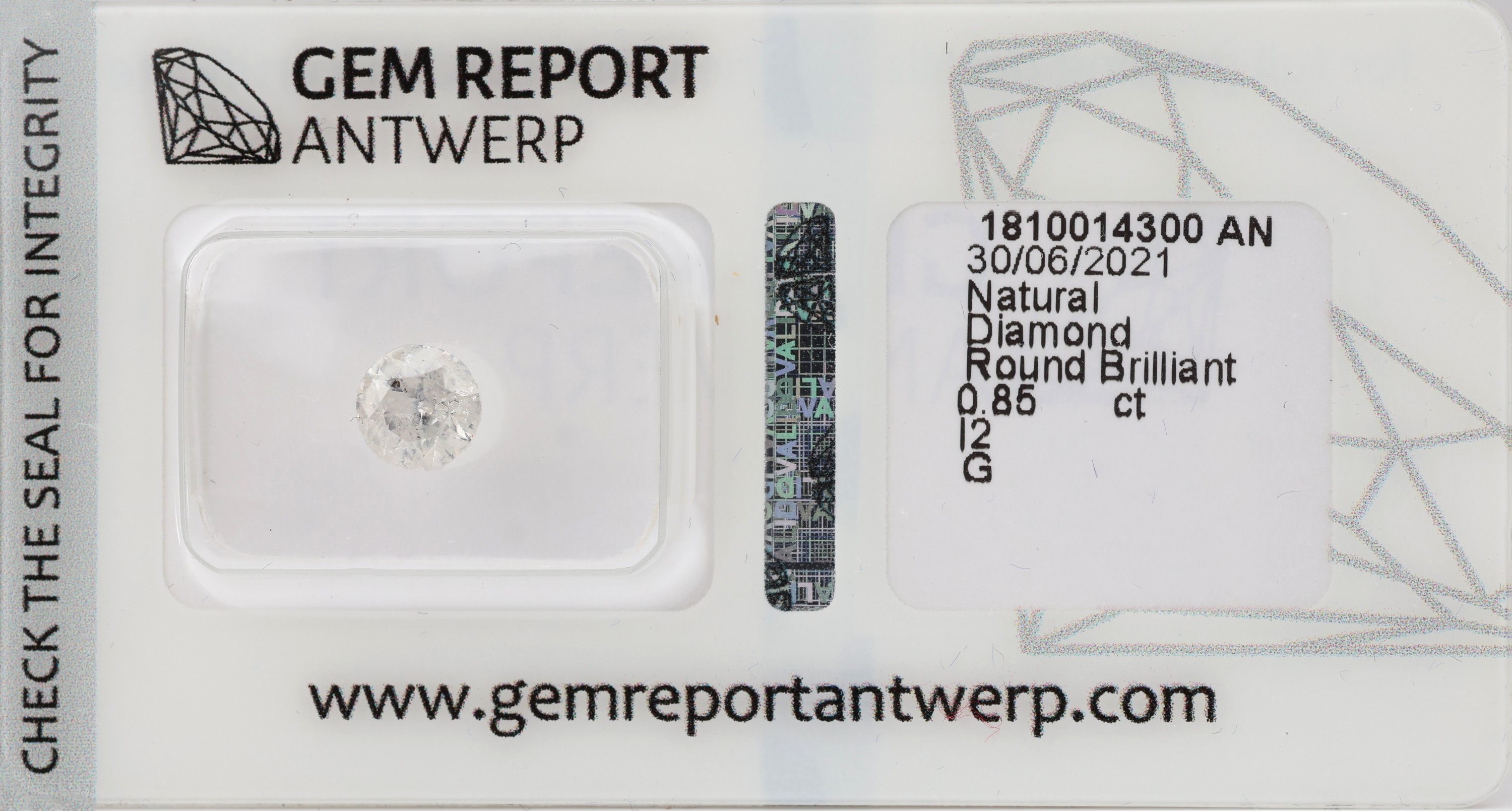 Loser Brillant 0.85 ct, feines Weiß(G)/p2, verschweißt mit GEM Report