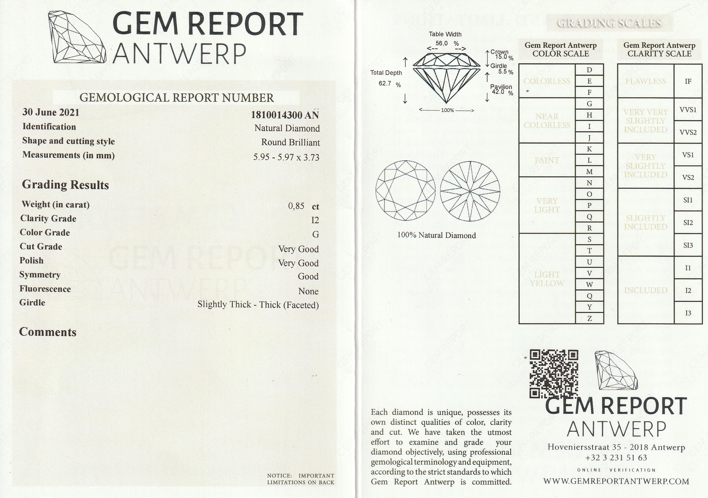 Detail a: Loser Brillant 0.85 ct, feines Weiß(G)/p2, verschweißt mit GEM Report